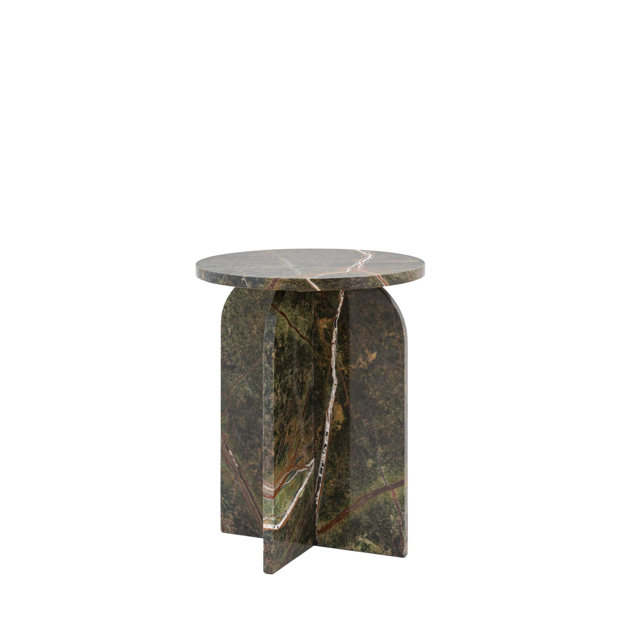 Green marble side table with a unique X-shaped base against a white background.