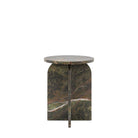 Green marble side table with a single central arch-shaped leg against a white background.