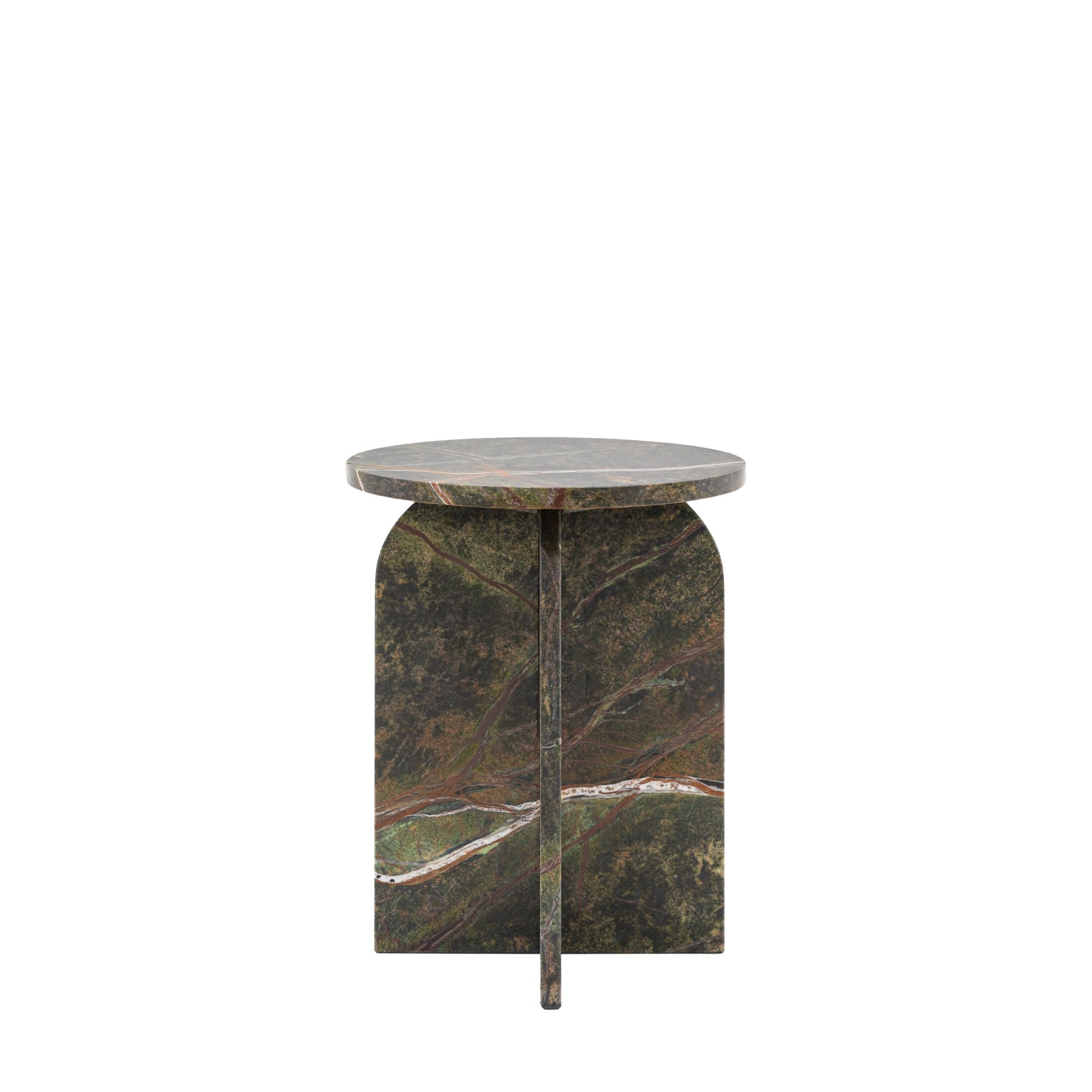 Green marble side table with a single central arch-shaped leg against a white background.
