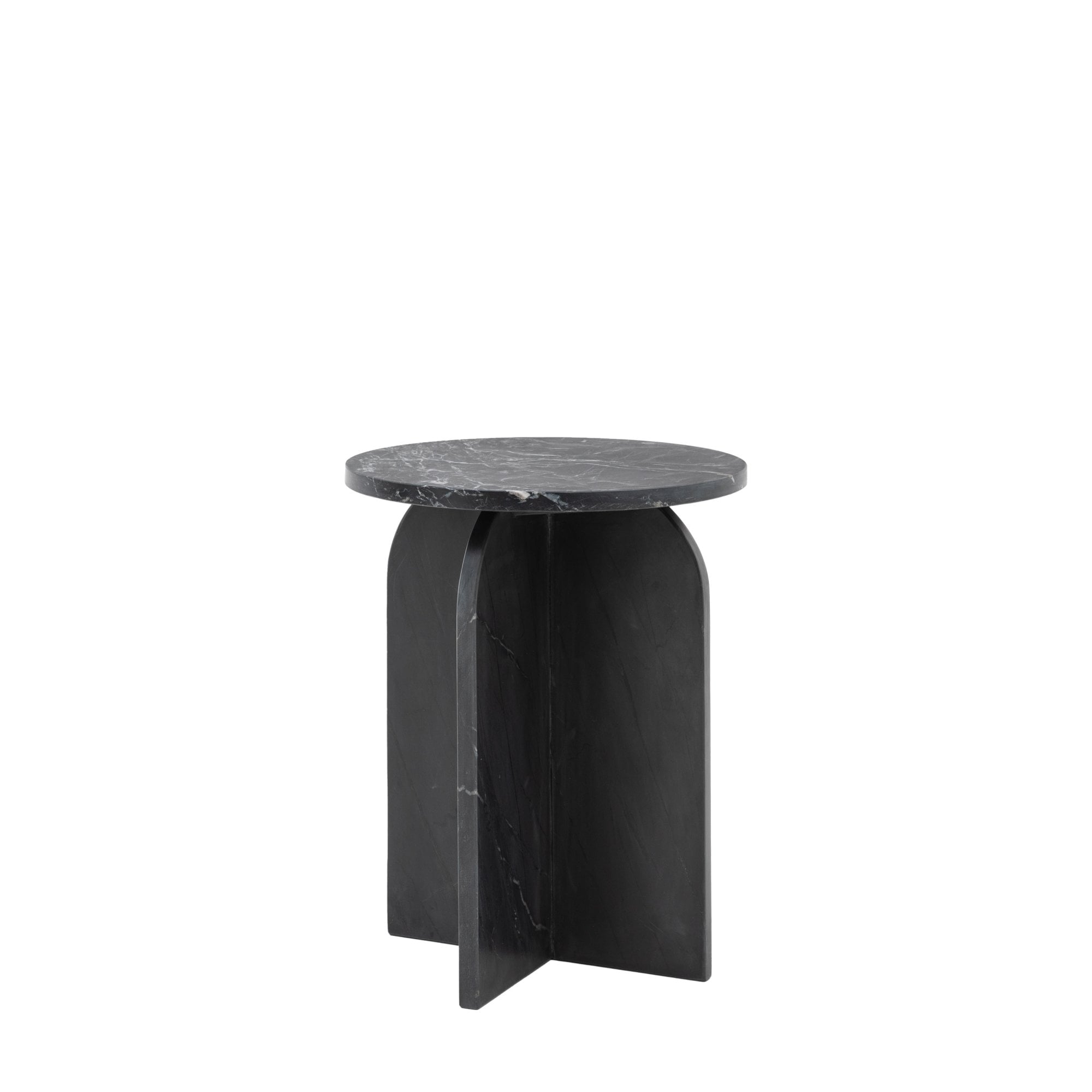 A black marble side table, showcasing its three-legged arched base from the side.