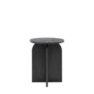 The black marble side table, featuring a view of its arch-shaped support.