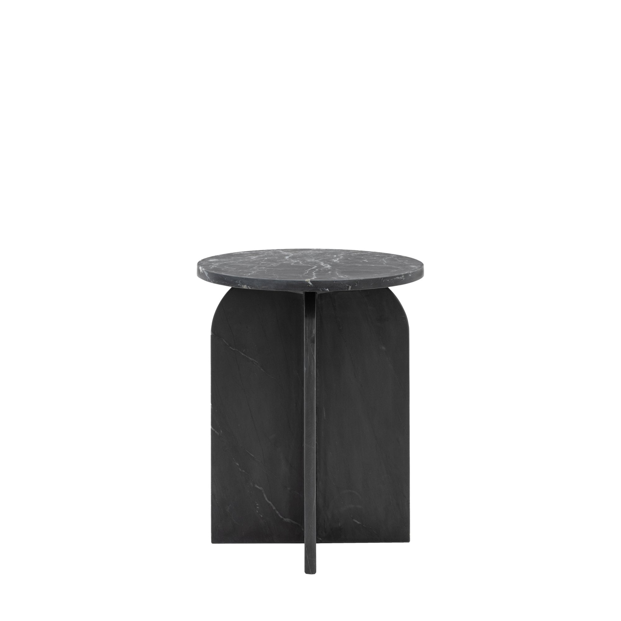 The black marble side table, featuring a view of its arch-shaped support.