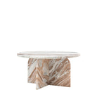 Angled view of the round marble coffee table on a white background.