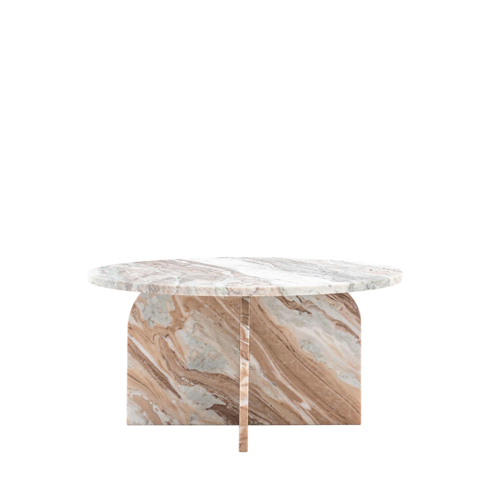 Side view of the round marble coffee table on a white background.