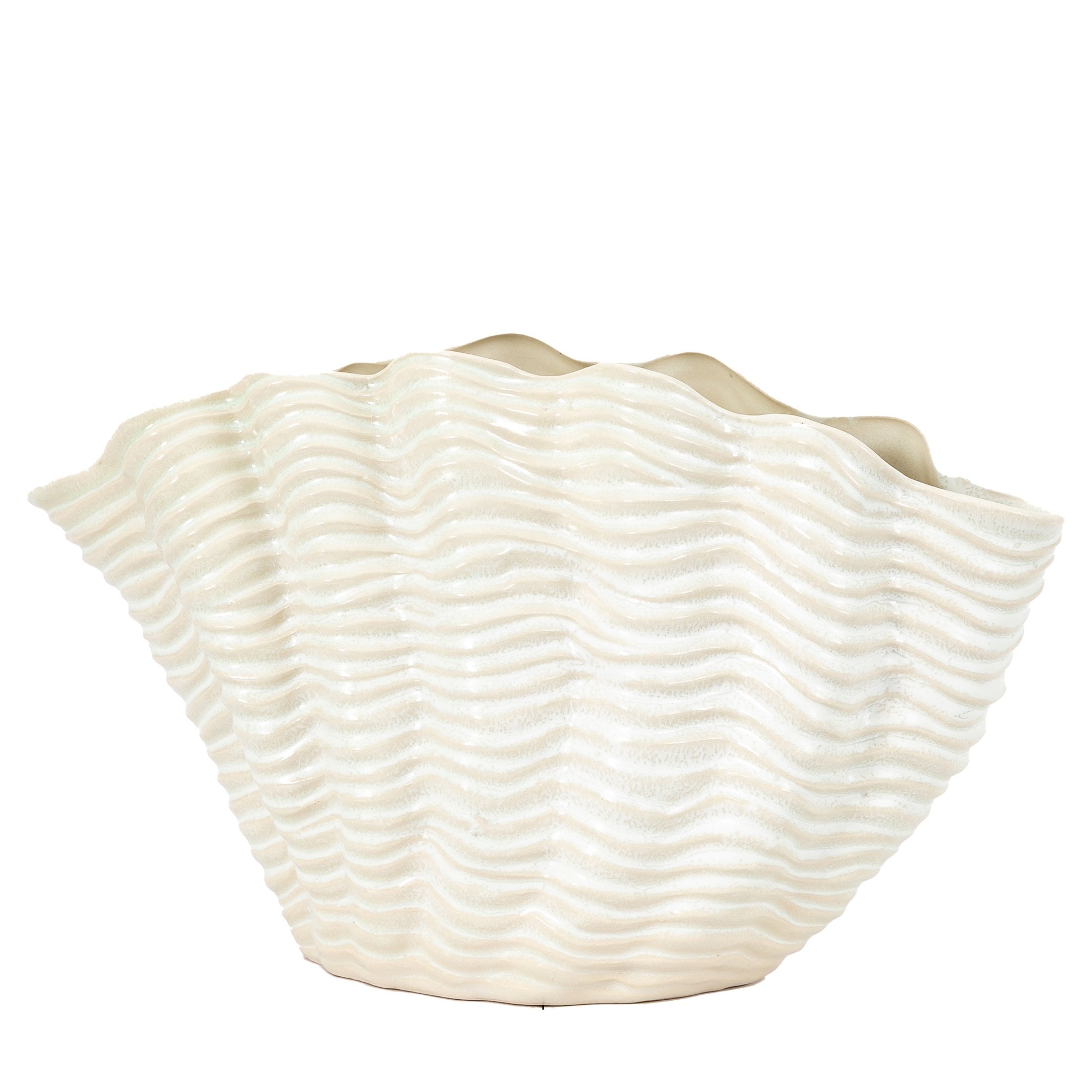 An off-white decorative vase, shaped like a wide clam shell, viewed from a slight angle.