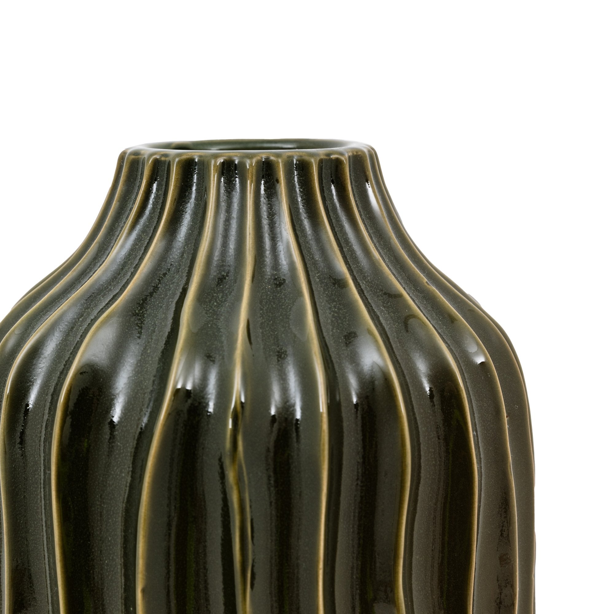 The top of a tall, dark green vase with ridges.