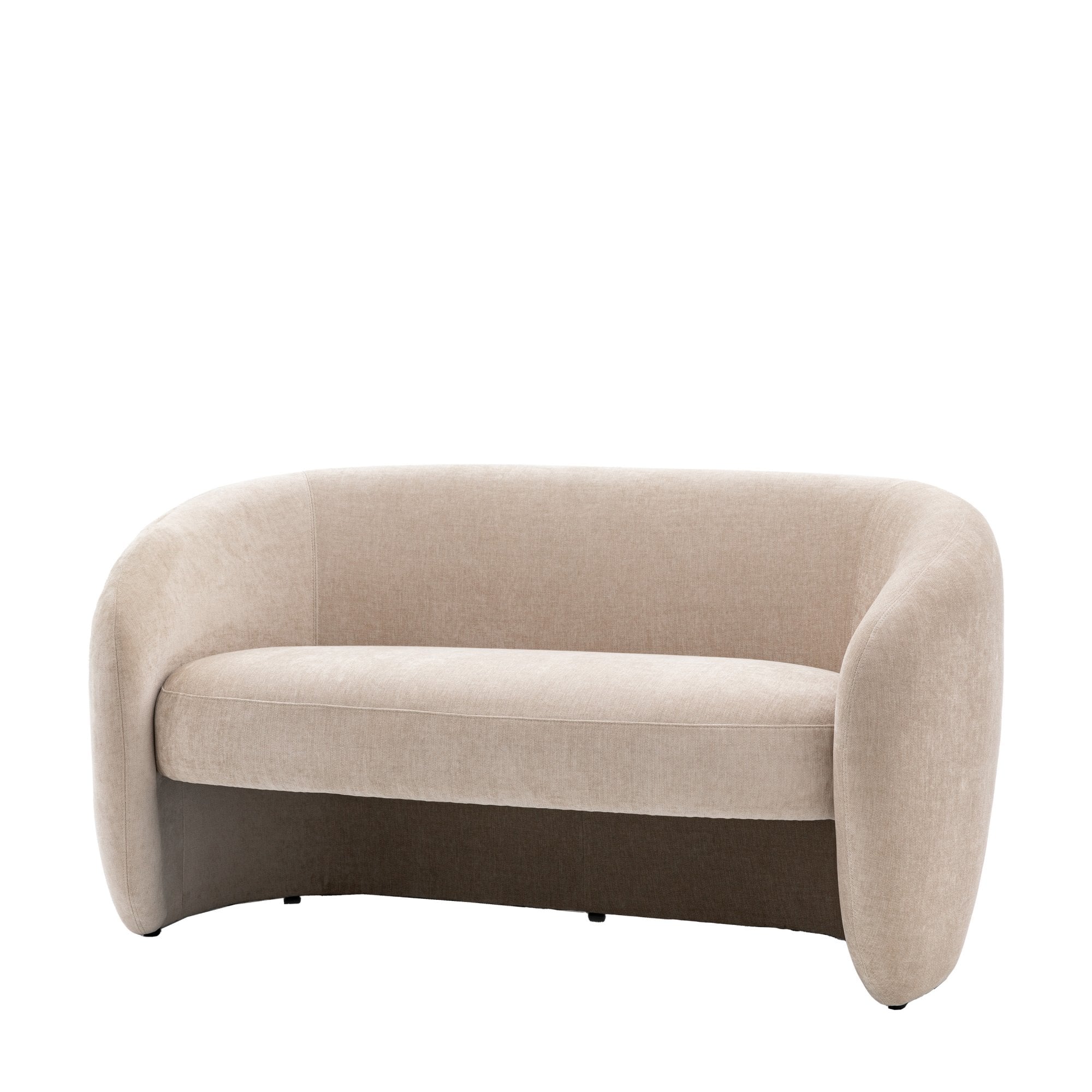 Front-angle view of the beige two-seater sofa on a white background.