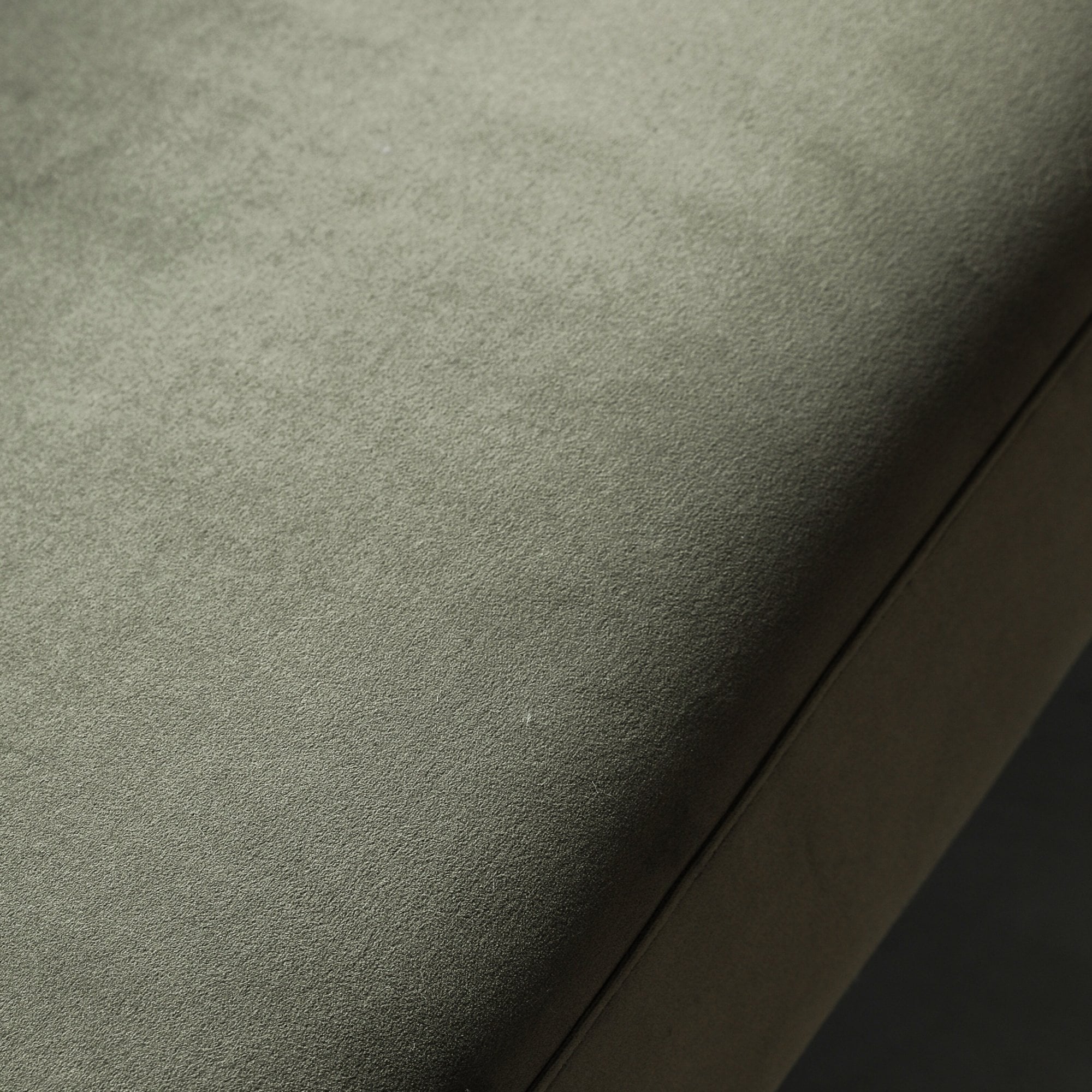 Close-up of the soft, textured sage green velvet fabric of the sofa.