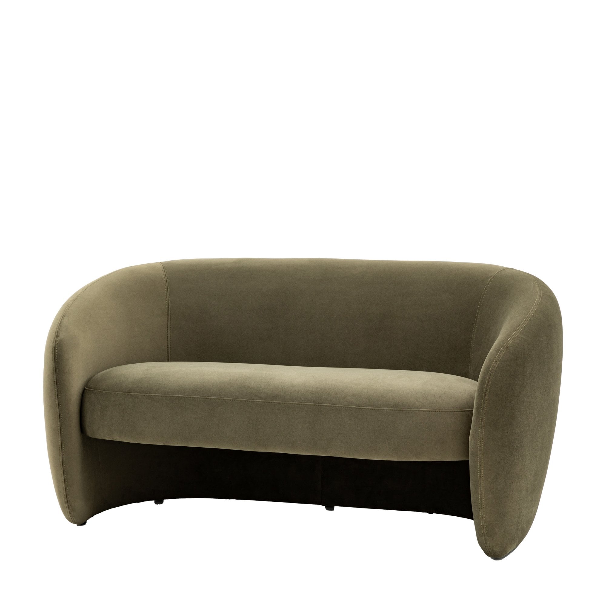 Slightly angled front view of the sage green velvet sofa, showcasing its elegant curves.