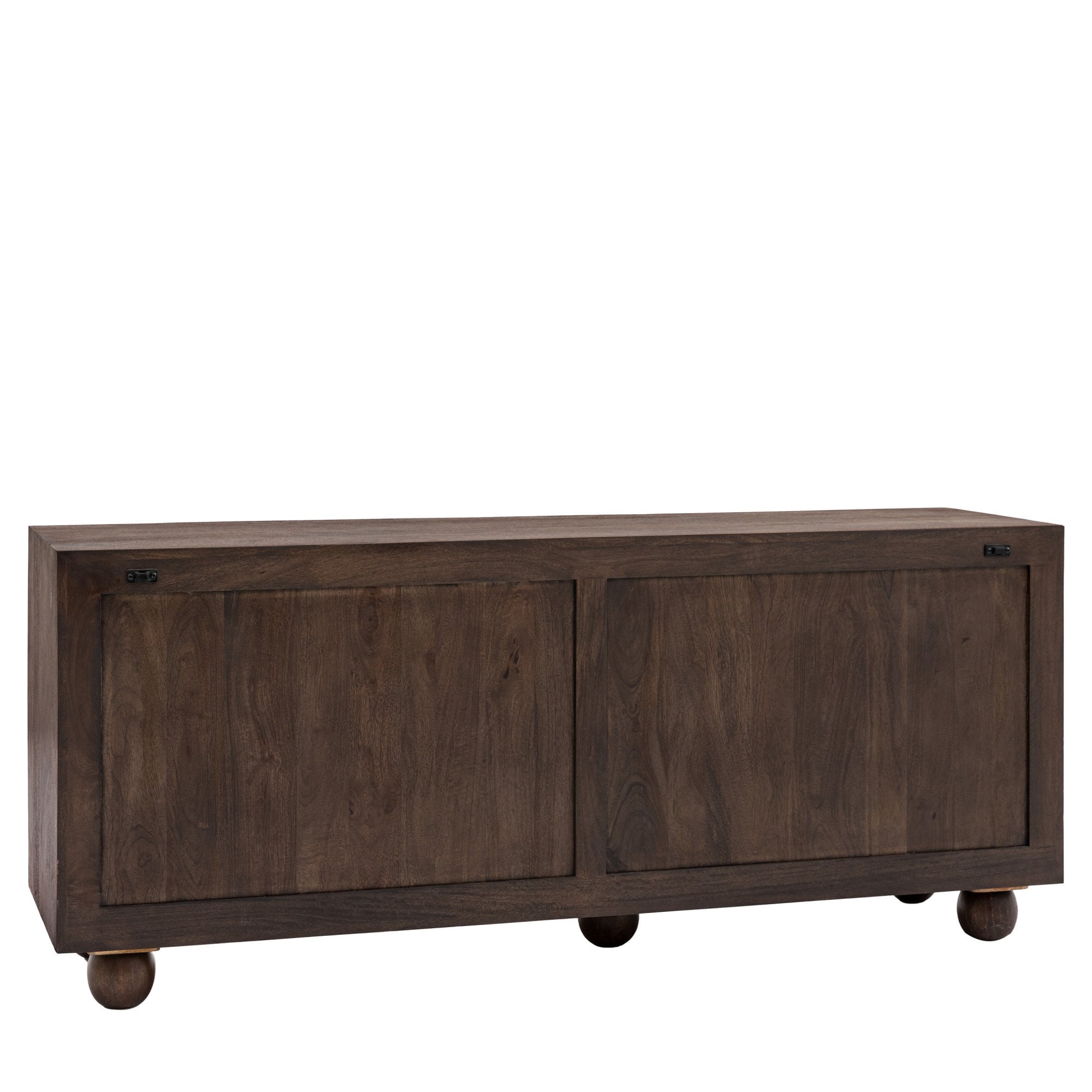 Back view of the dark brown wooden cabinet with spherical feet.
