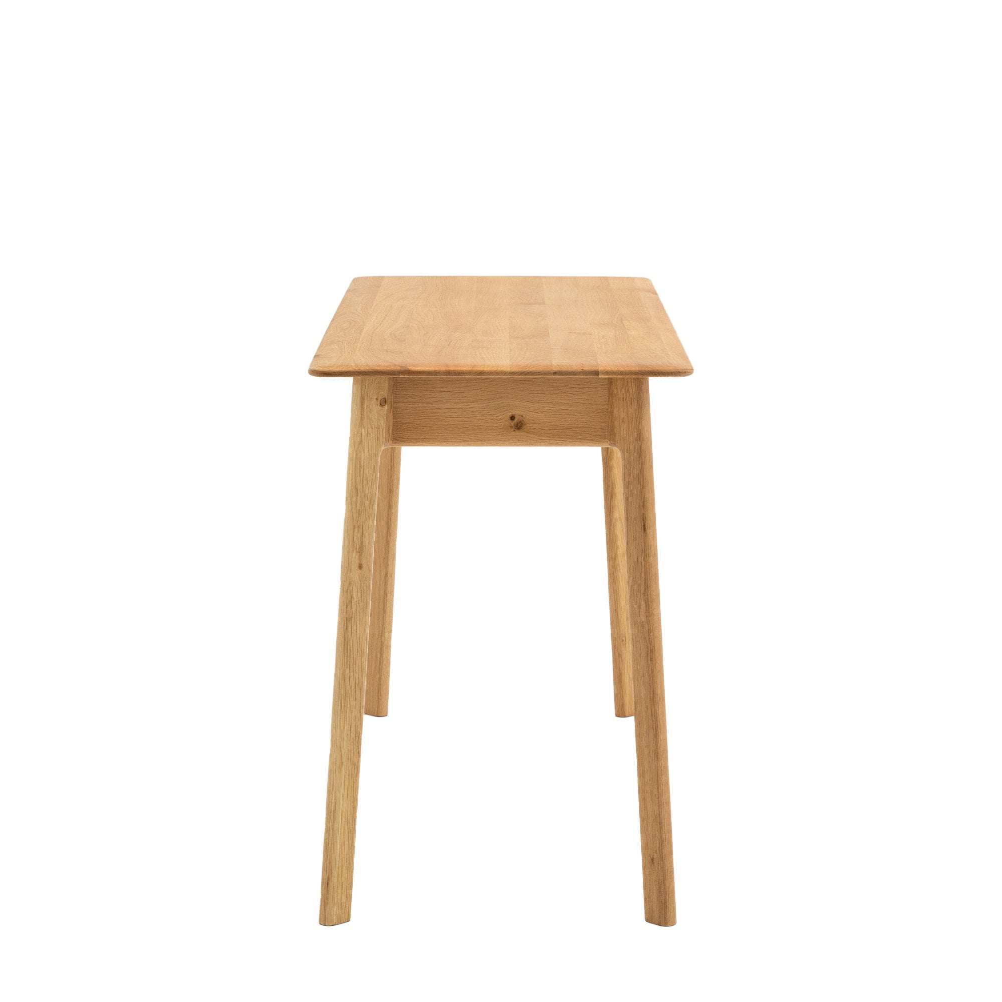 Side profile of a sleek wooden desk with tapered legs, emphasizing its slim silhouette.