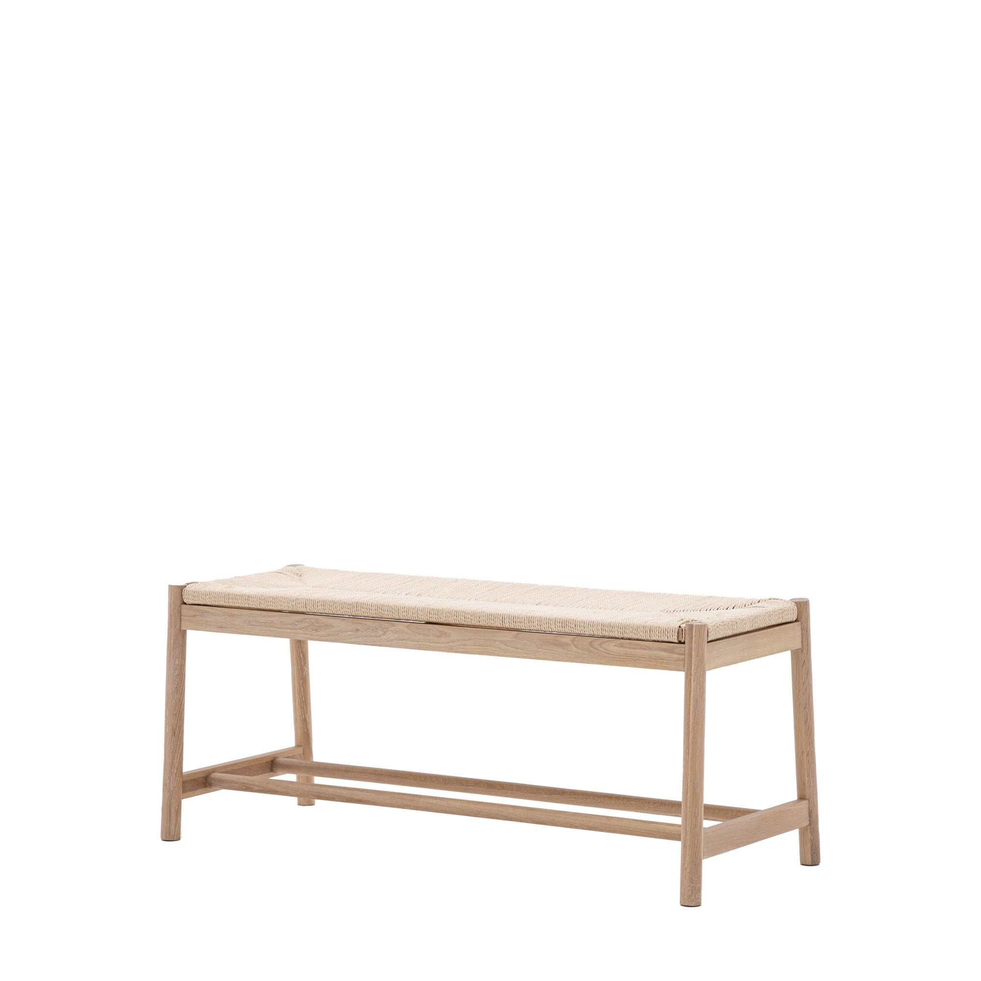 Light wooden bench with woven seat, slightly angled, against a white background.