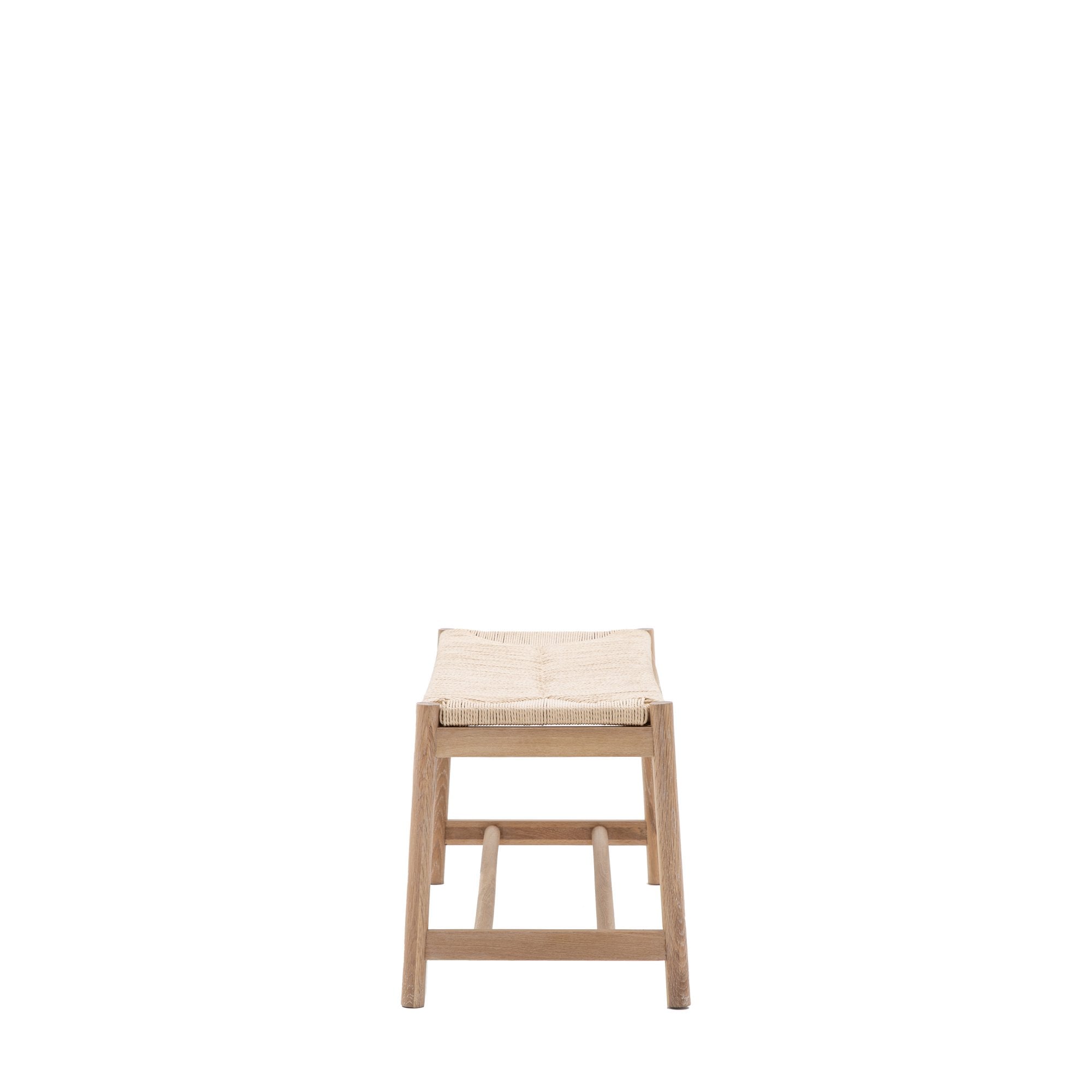 Front view of the light wooden bench with a woven seat on a white background.