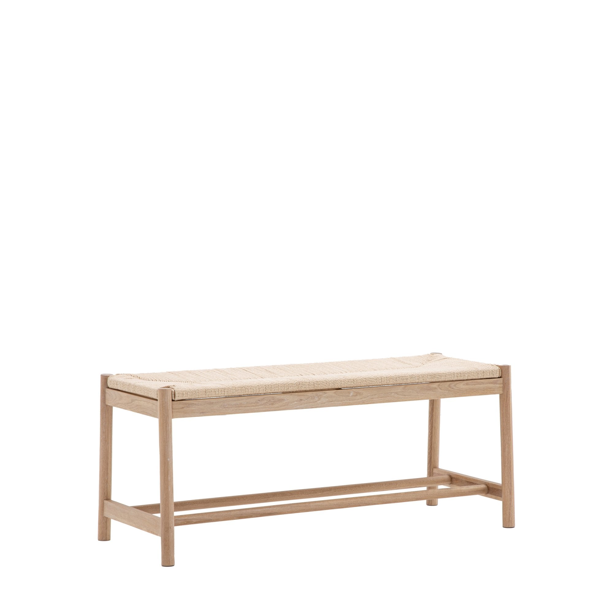 Angled view of a light wooden bench with a woven seat on a white background.