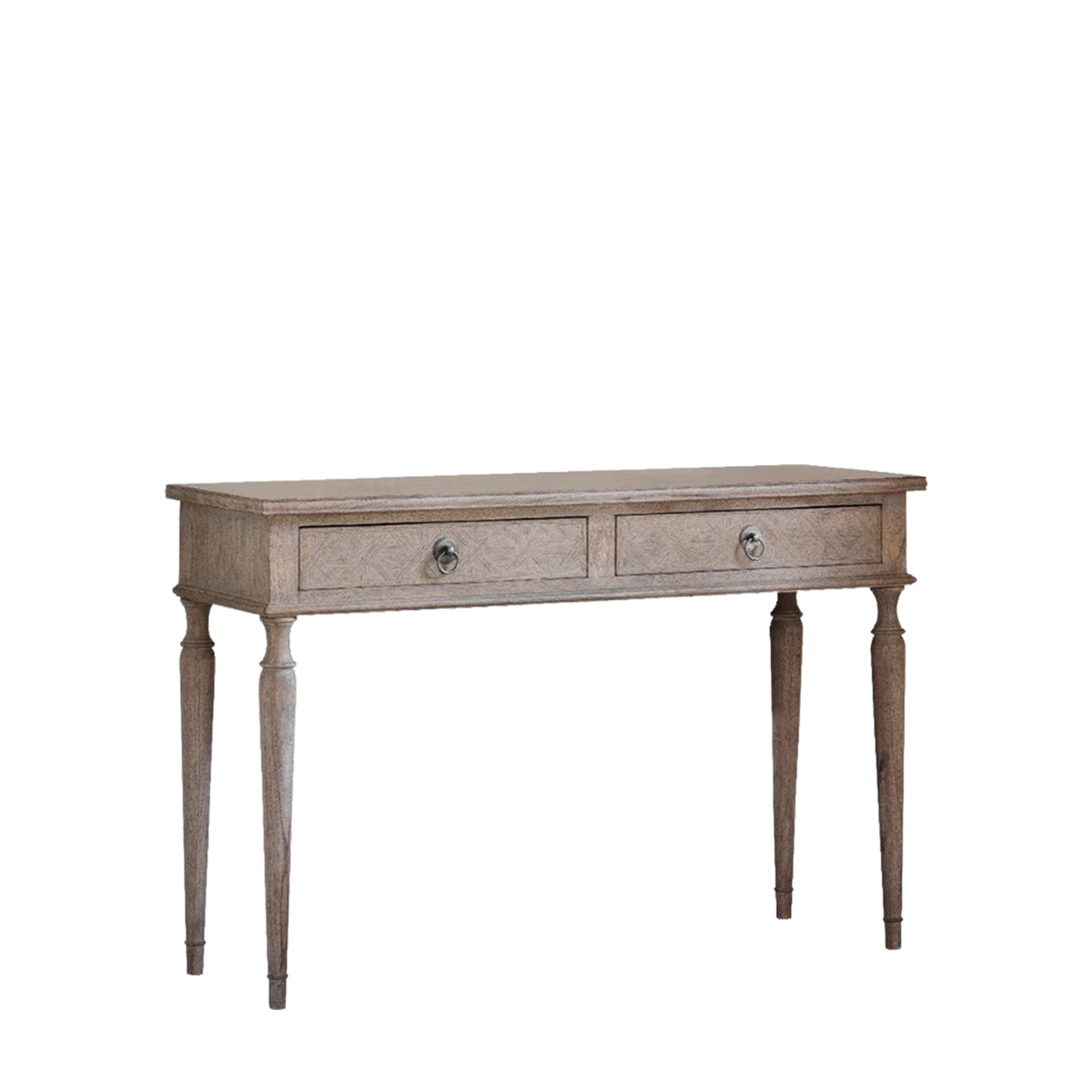 Front view of the dressing table with two drawers and elegantly turned legs on a white background.