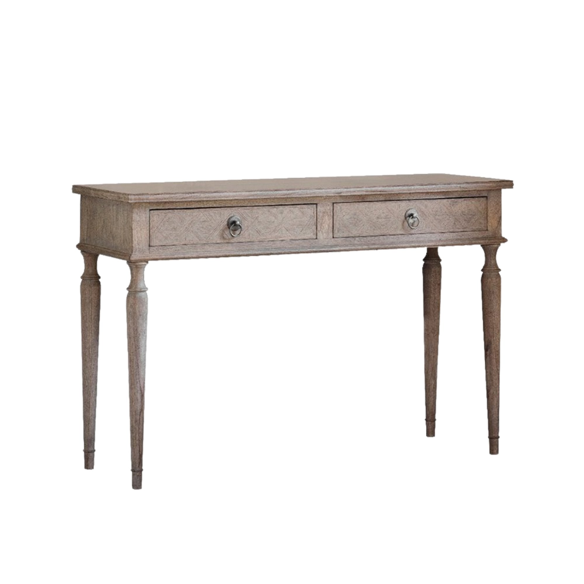Front view of the dressing table with two drawers and elegantly turned legs on a white background.