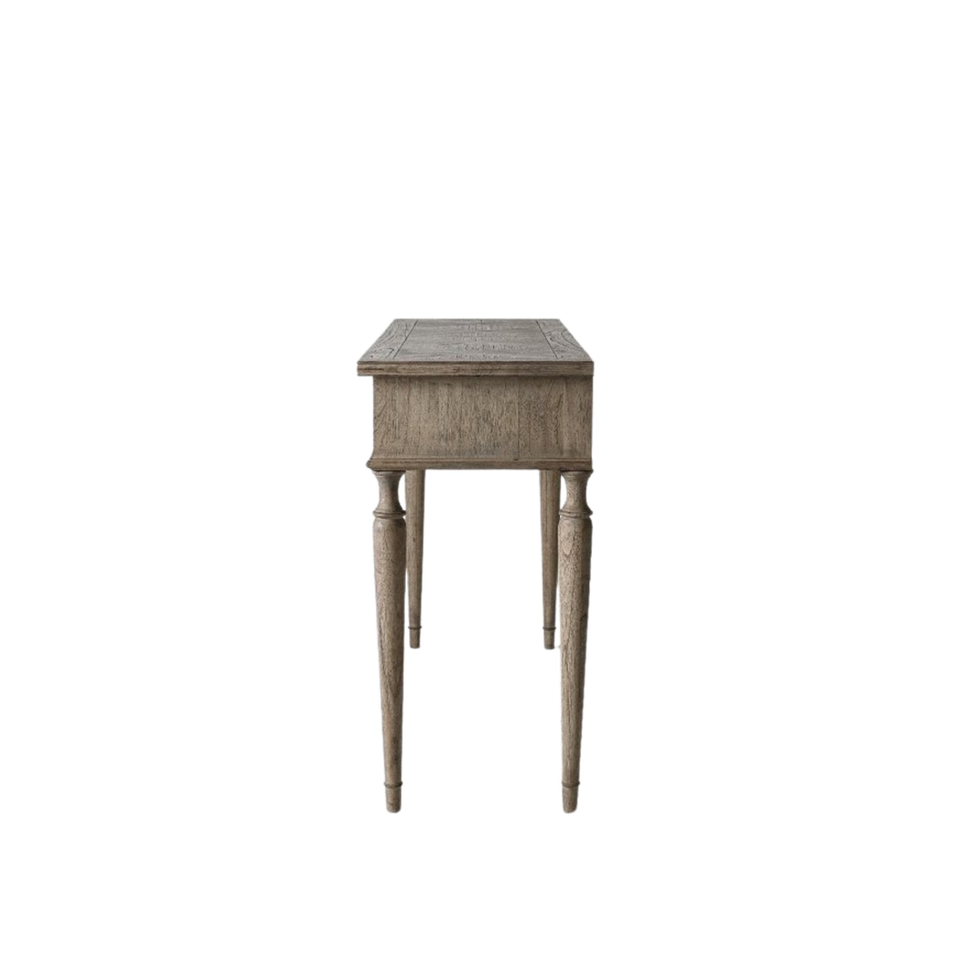 Side view of the dressing table with elegantly turned legs on a white background.
