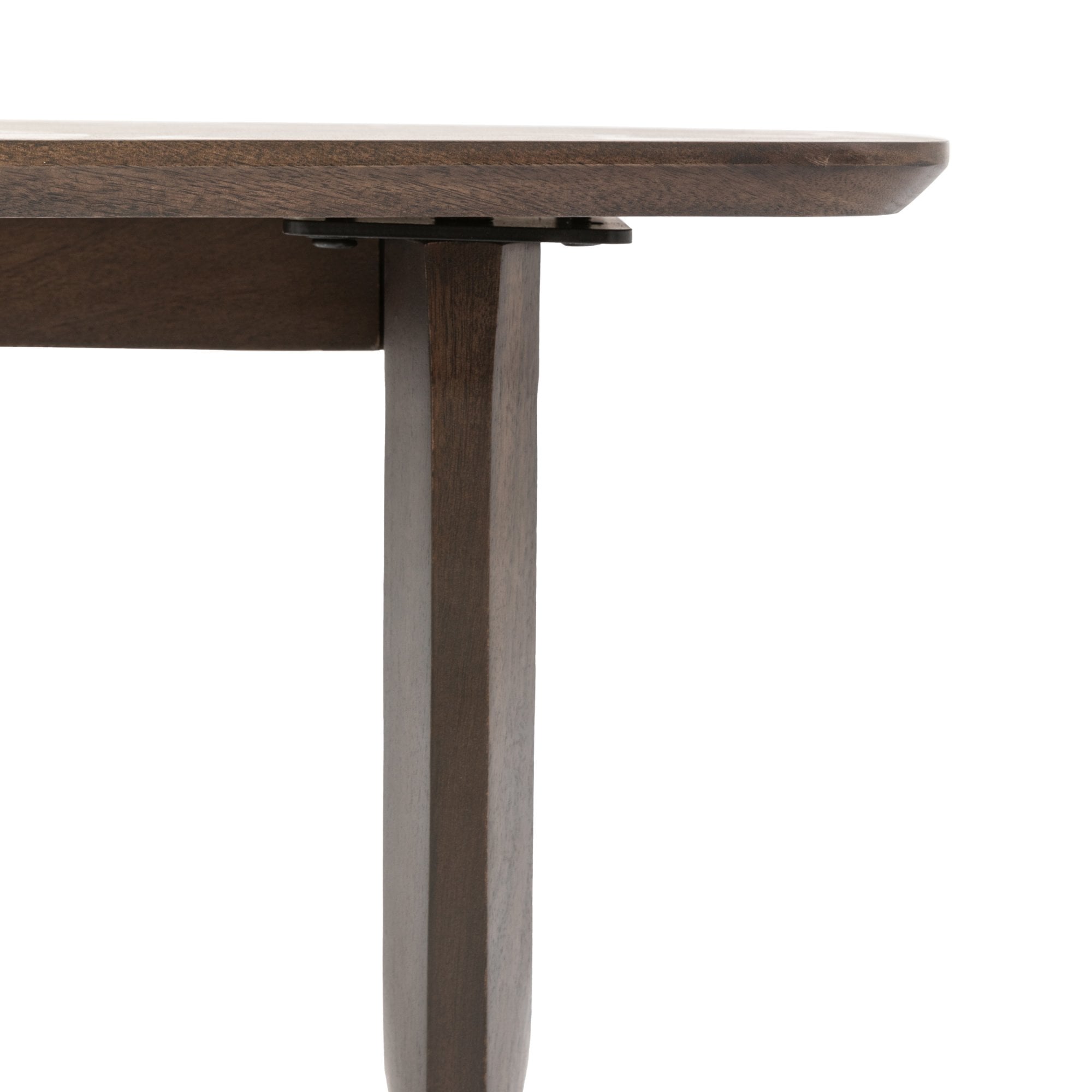 A close-up of the minimalist dark wood dining bench's leg and tabletop connection.