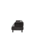 A side view of the grey two-seater sofa, highlighting its rounded silhouette.