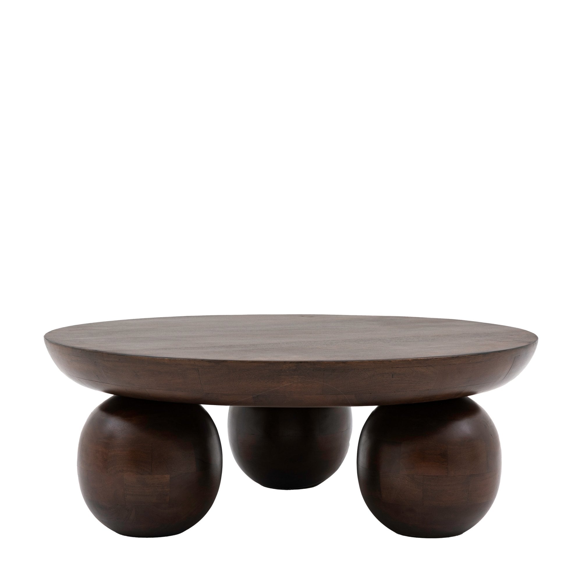 Front view of a dark wood round coffee table with three large spherical legs.
