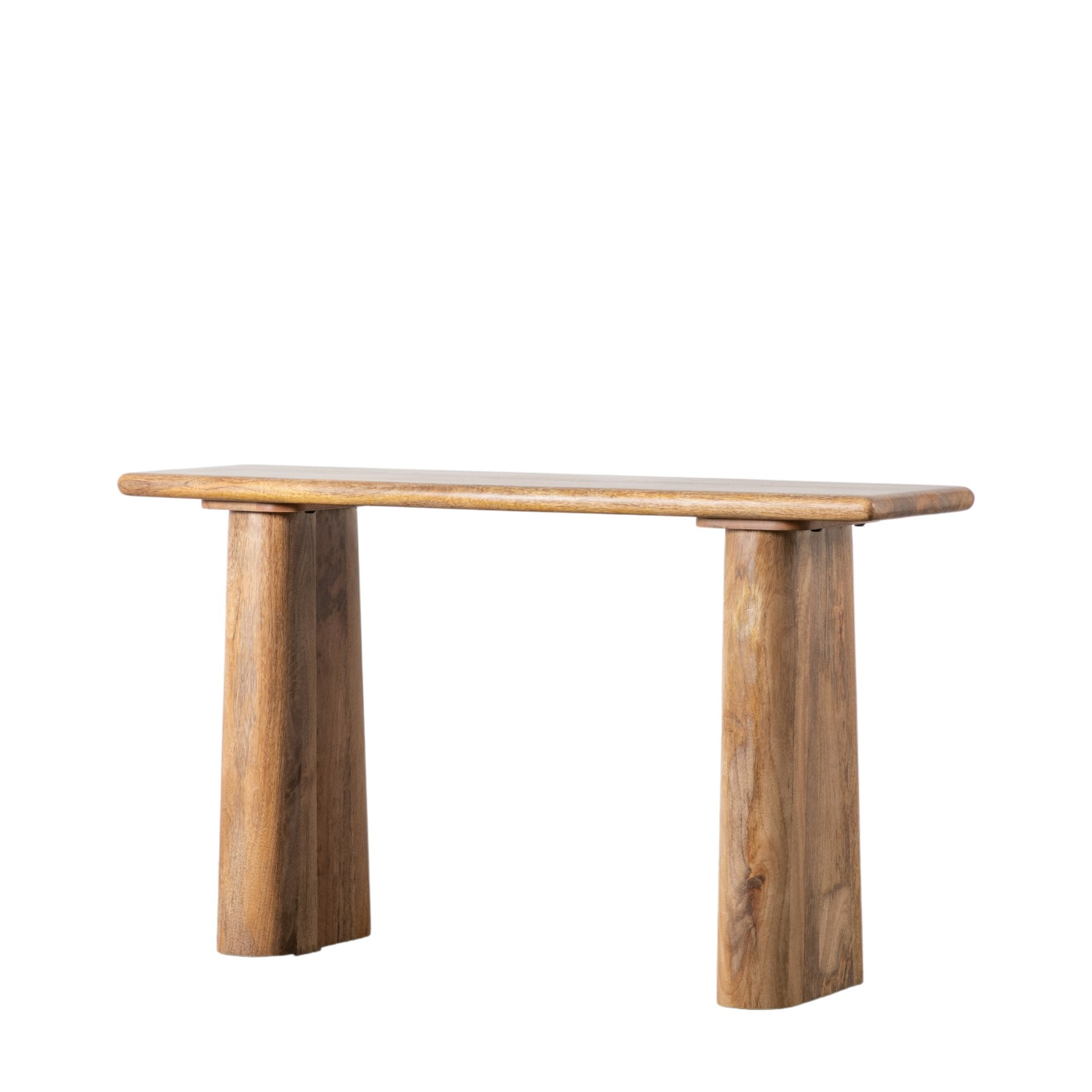 Front angle view of a simple mango wood console table on a white background.