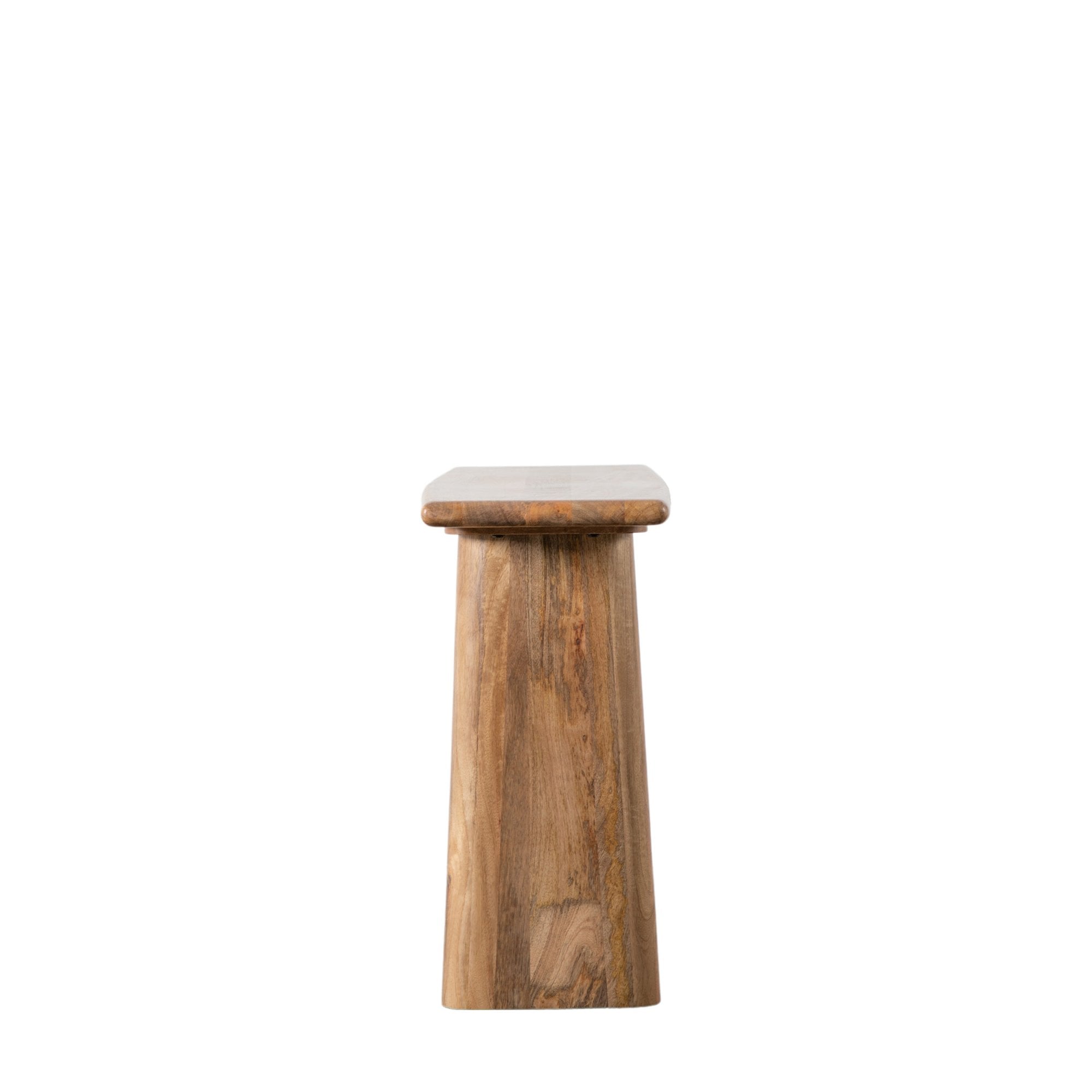 Side view of a mango wood console table with a thick, rounded leg design.