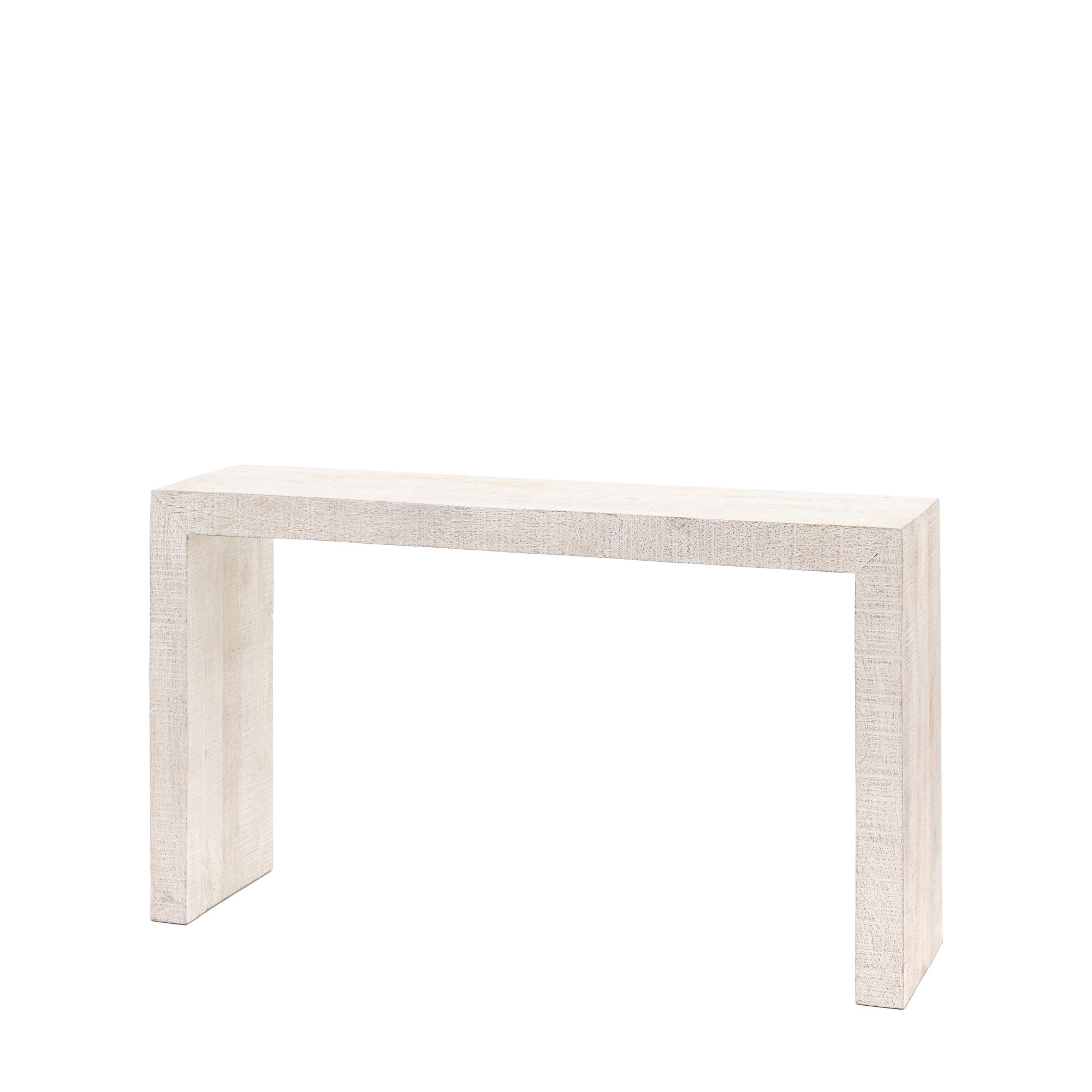 A white console table against a white background.