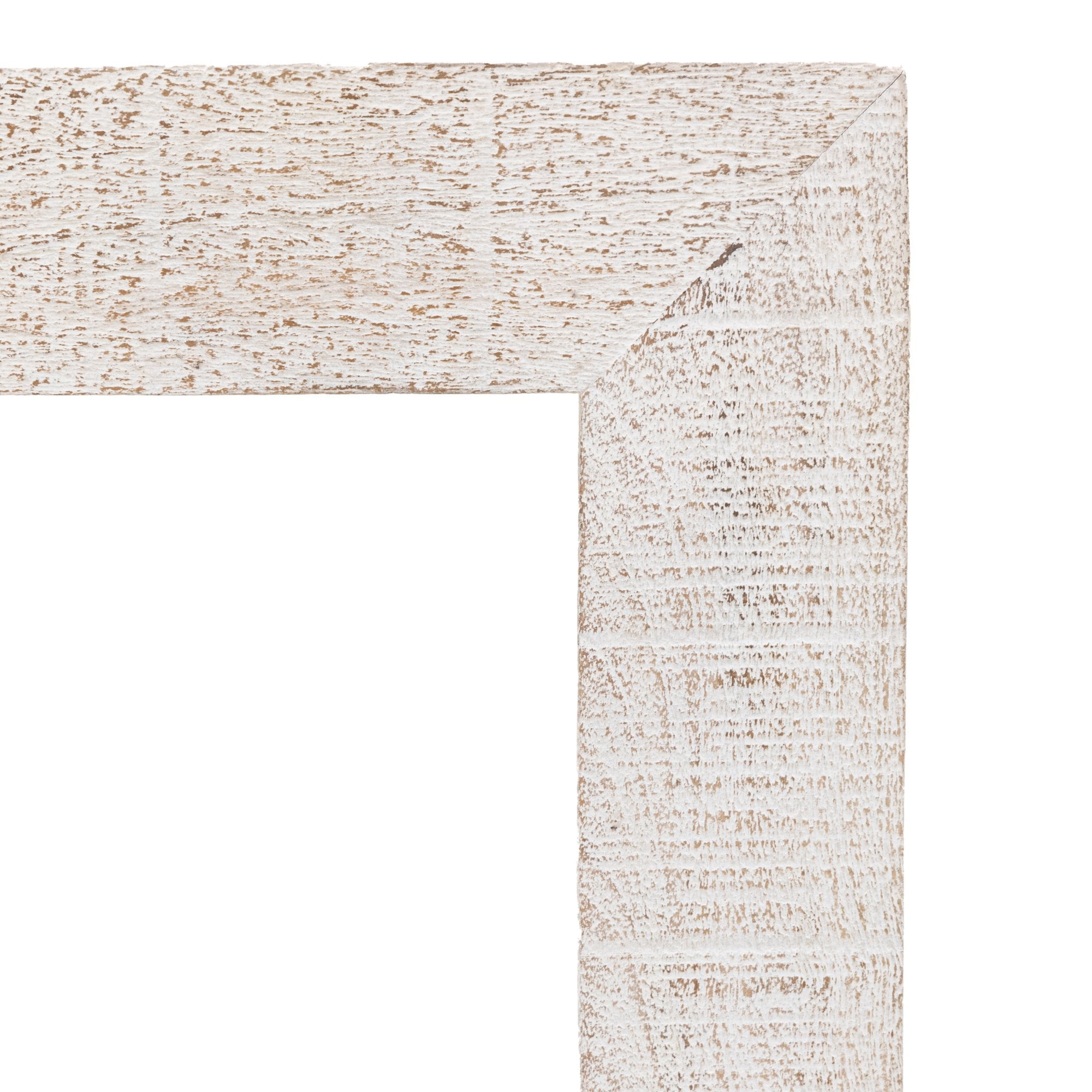 A close-up of the textured corner of a white console table.