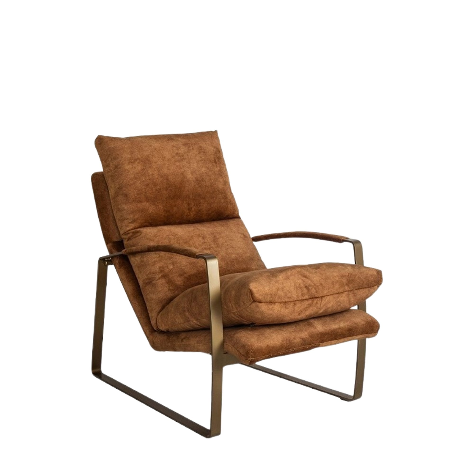 Three-quarter view of a brown upholstered lounge chair with a metal frame on white.