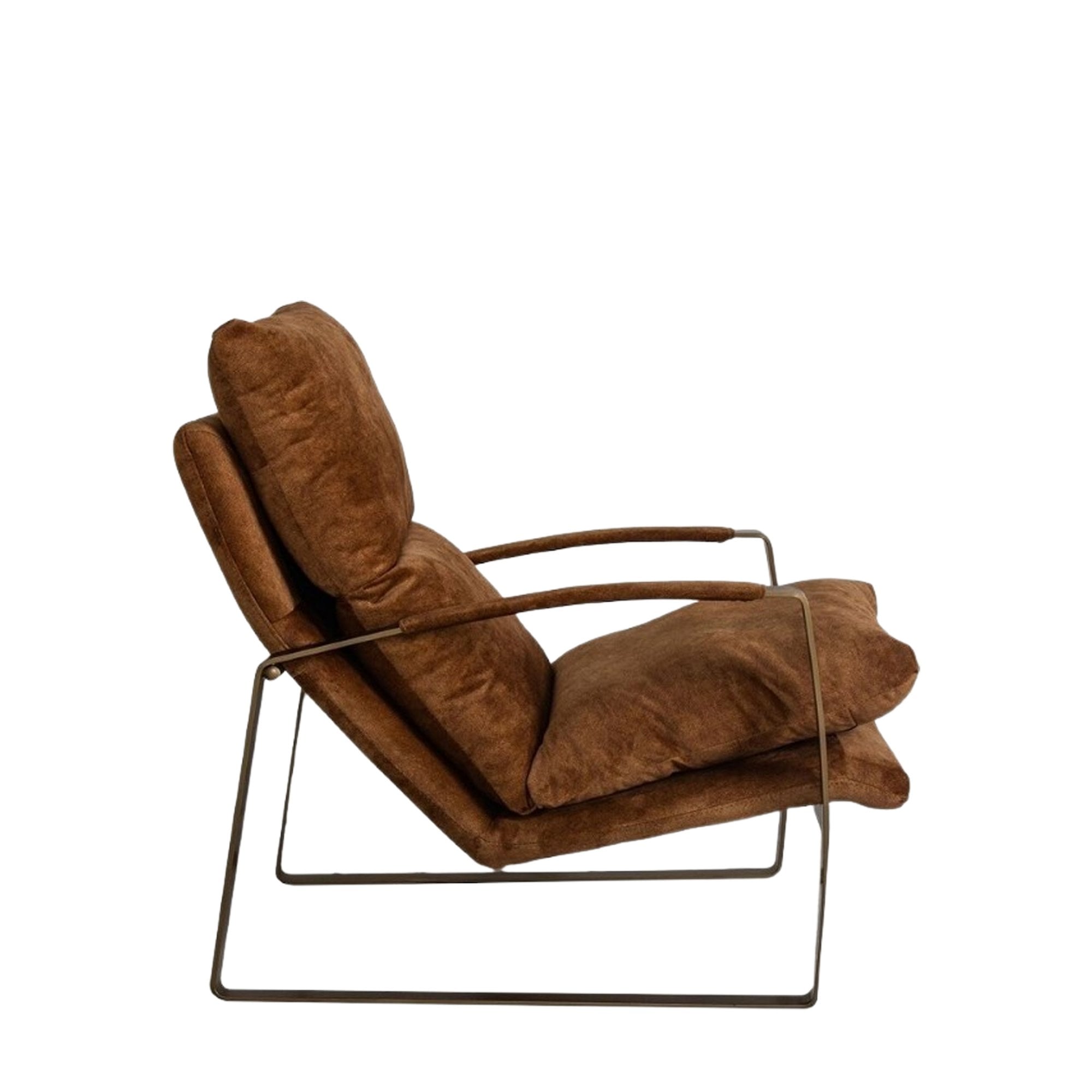 Side view of a comfortable brown upholstered lounge chair with a sleek metal frame.