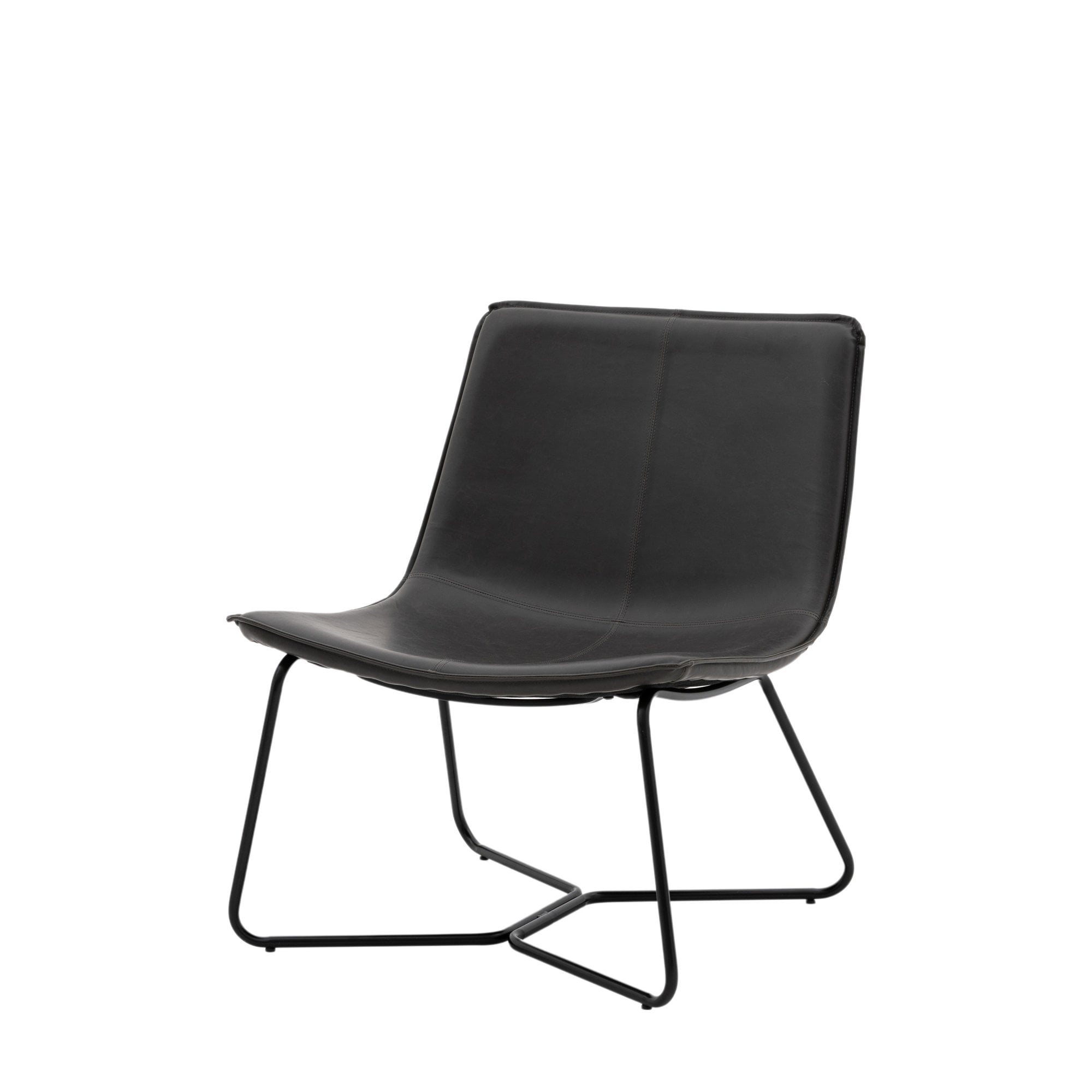An angled view of a sleek black leather lounge chair with a modern base.