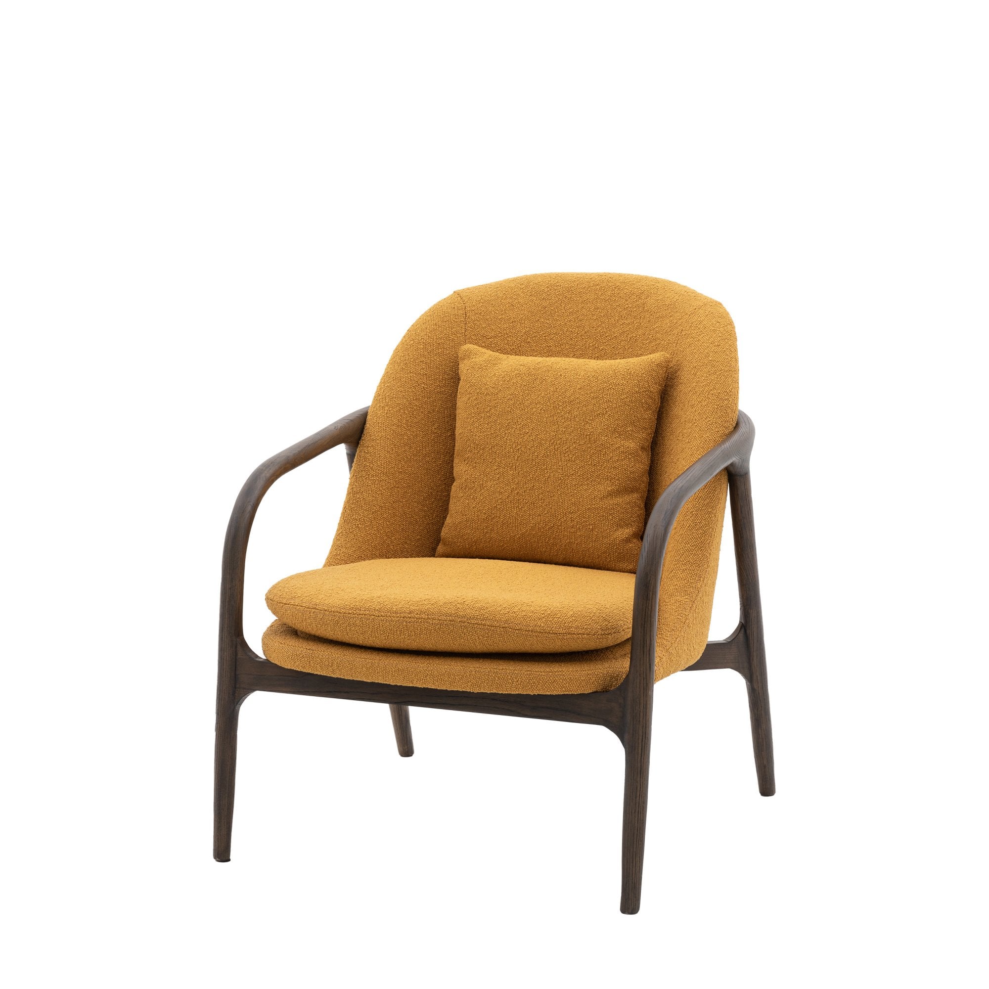 A mustard yellow accent chair with a dark wooden frame and a matching cushion, angled front view.
