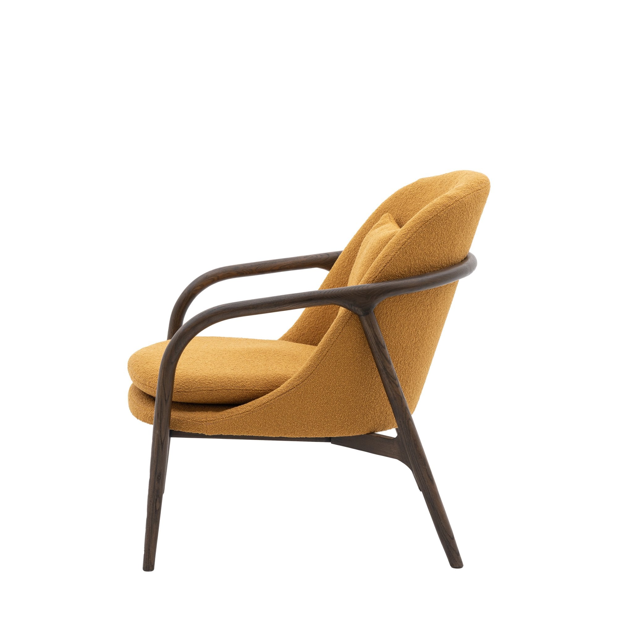 Side profile of a mustard yellow accent chair with a dark wooden frame.