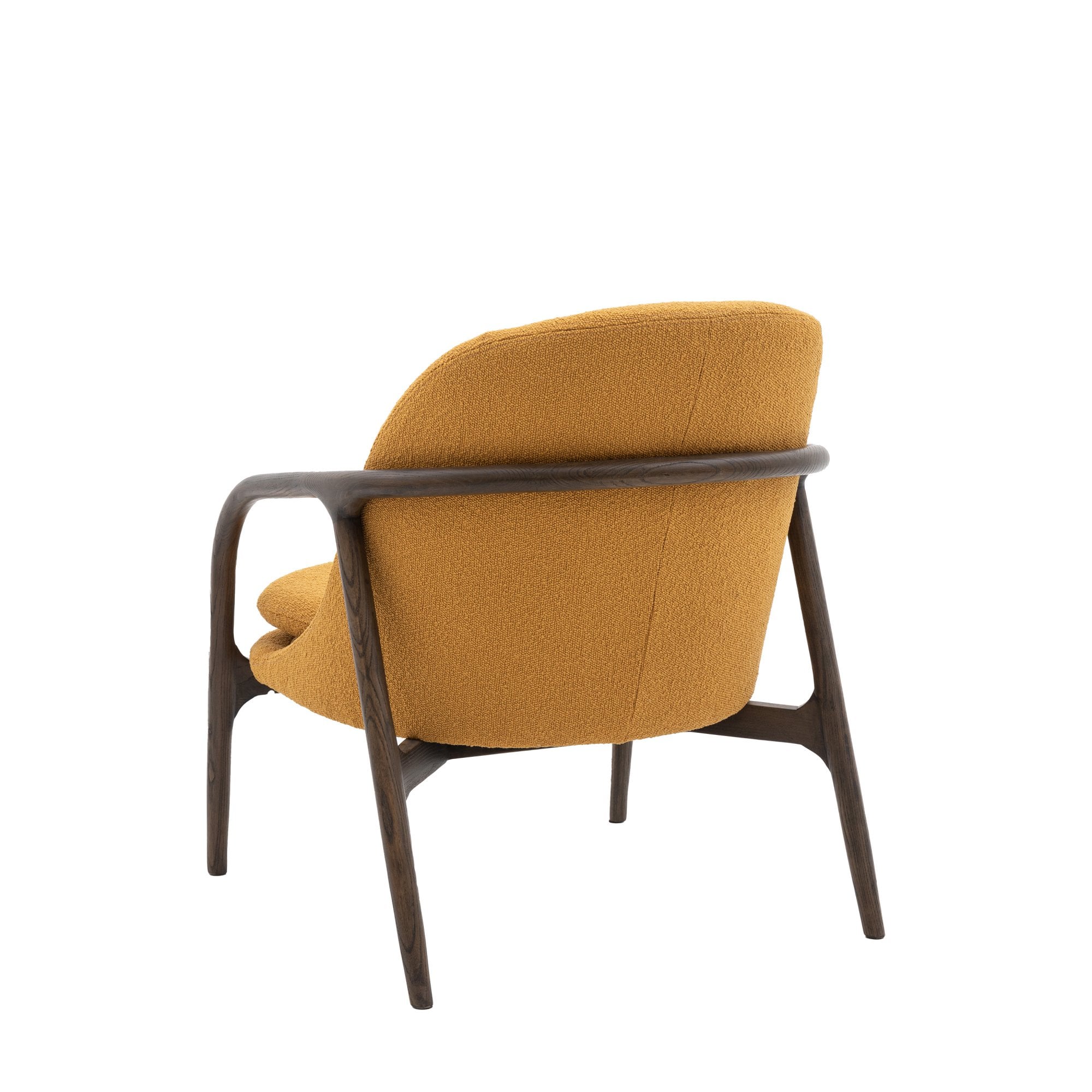 Back view of a mustard yellow accent chair with a dark wooden frame.