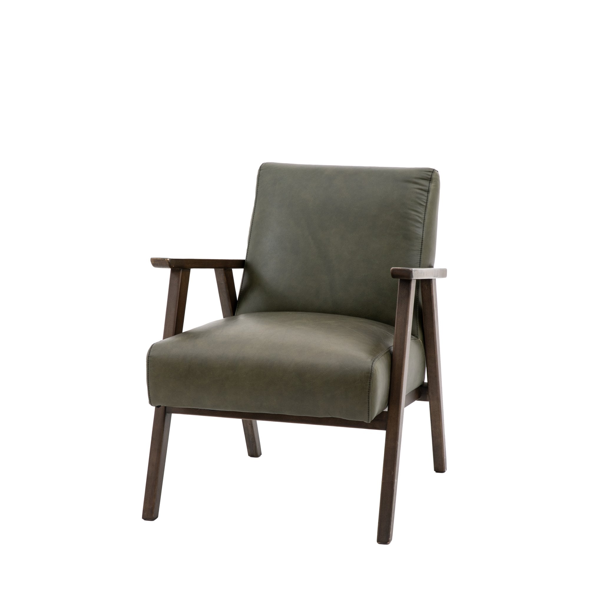 Angled view of a green leather armchair with dark wooden arms and legs on white background.