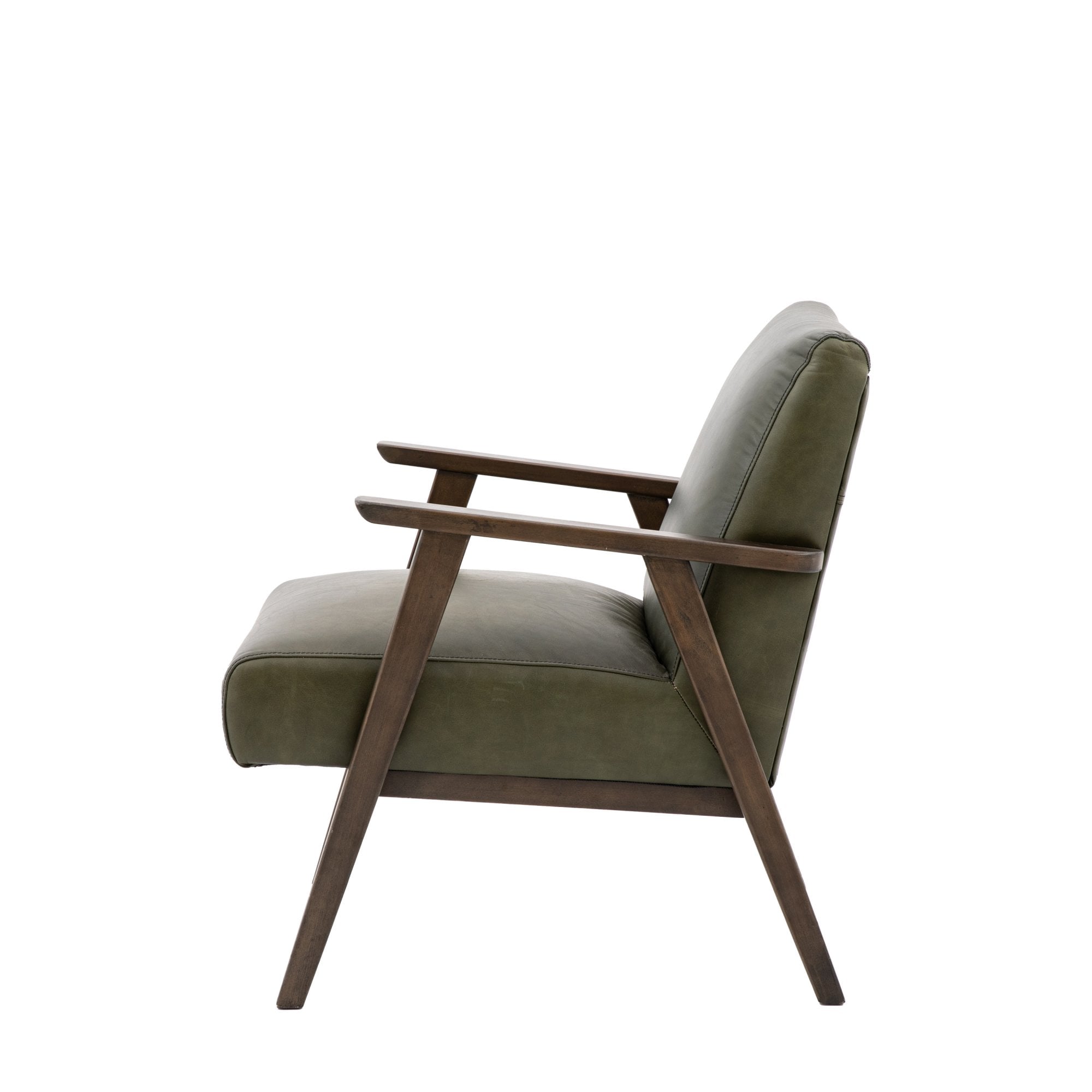 Side view of a green leather armchair with dark wooden arms and legs on white background.