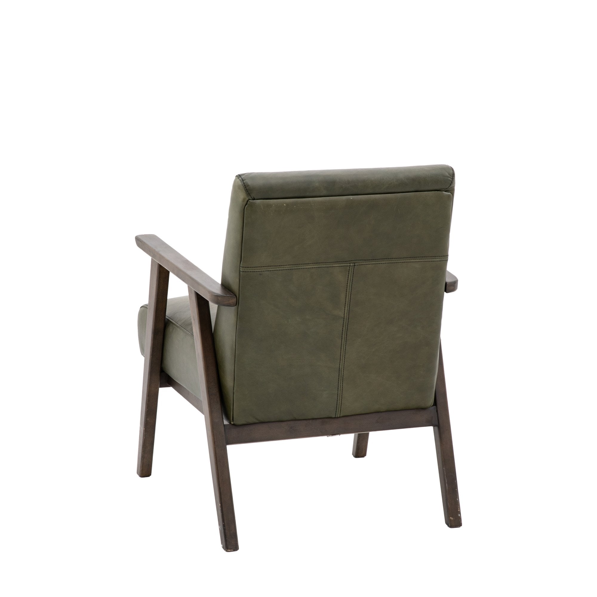 Back view of a green leather armchair with dark wooden arms and legs on white background.