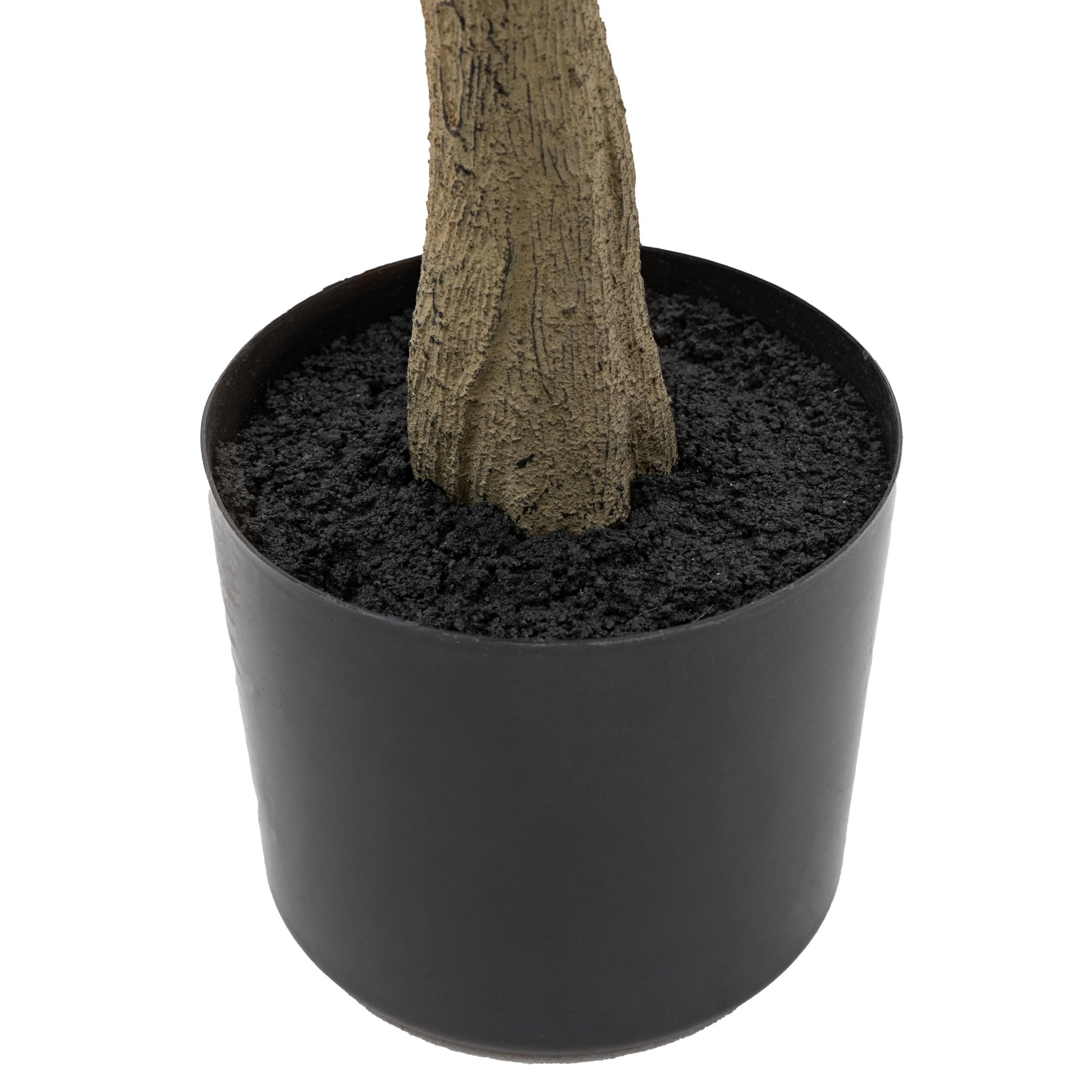 Close-up of the textured trunk base of the faux eucalyptus tree in its black pot.