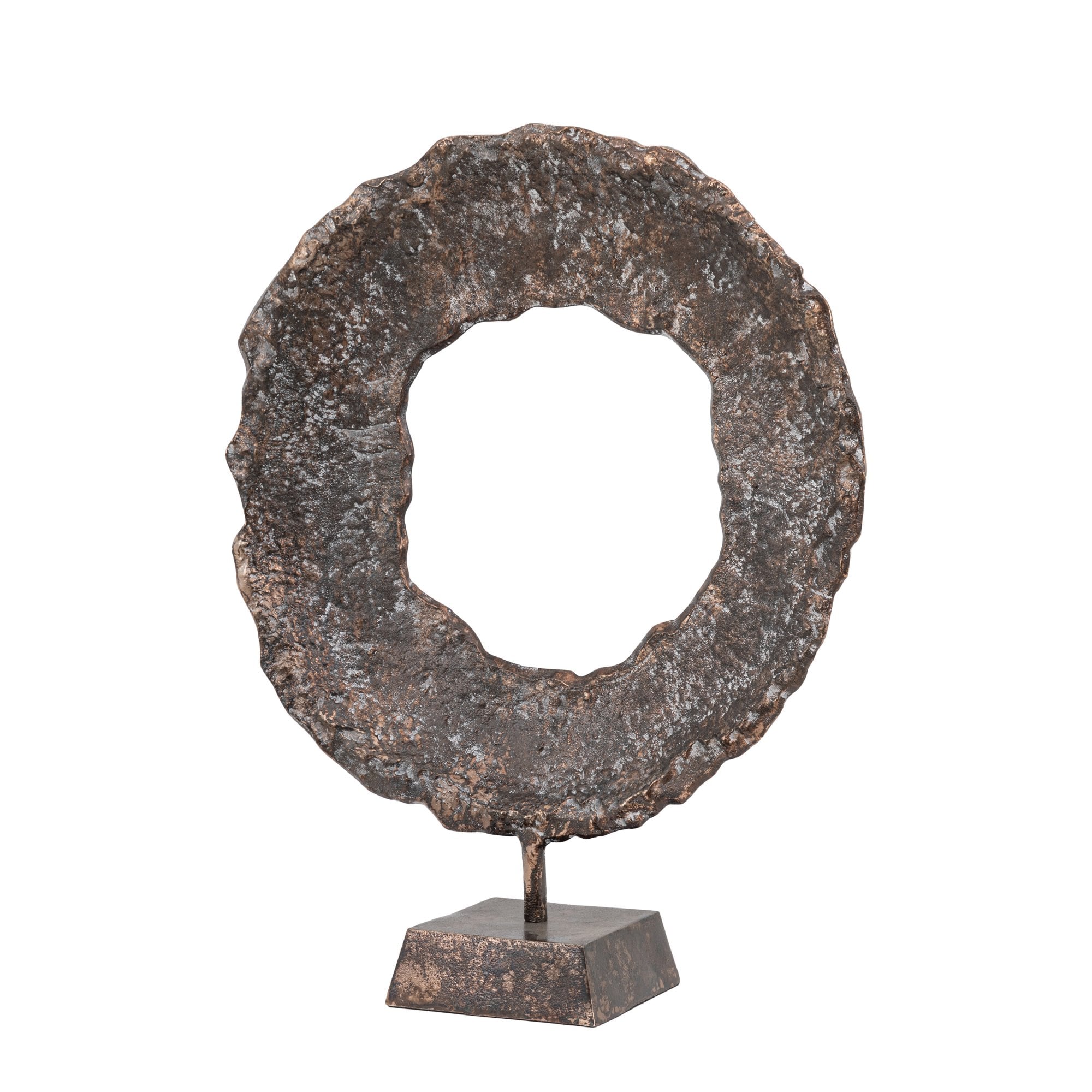 A rustic, bronze-colored metal ring sculpture on a square base, slightly angled.