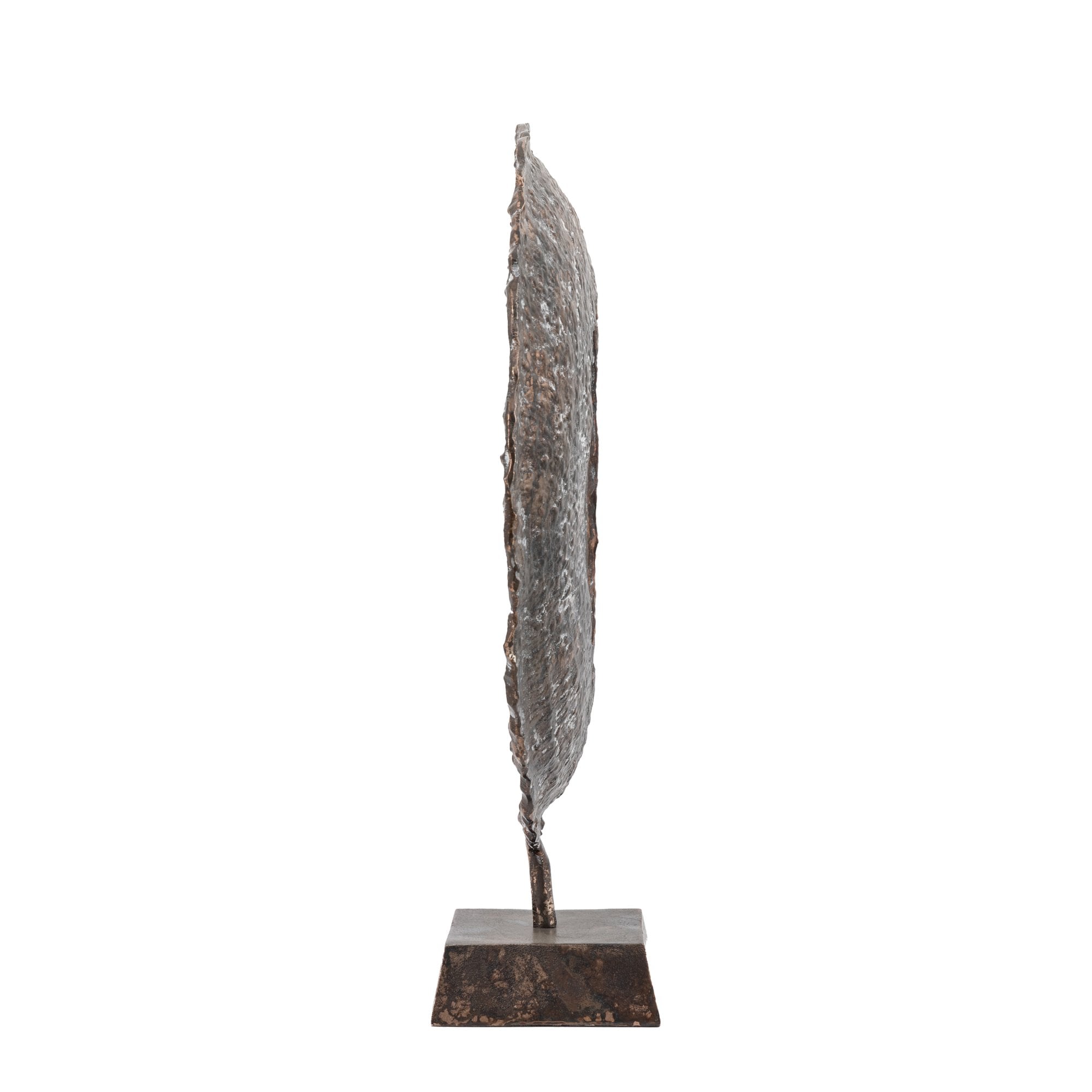 Side view of a rustic, bronze-colored metal ring sculpture on a square base.