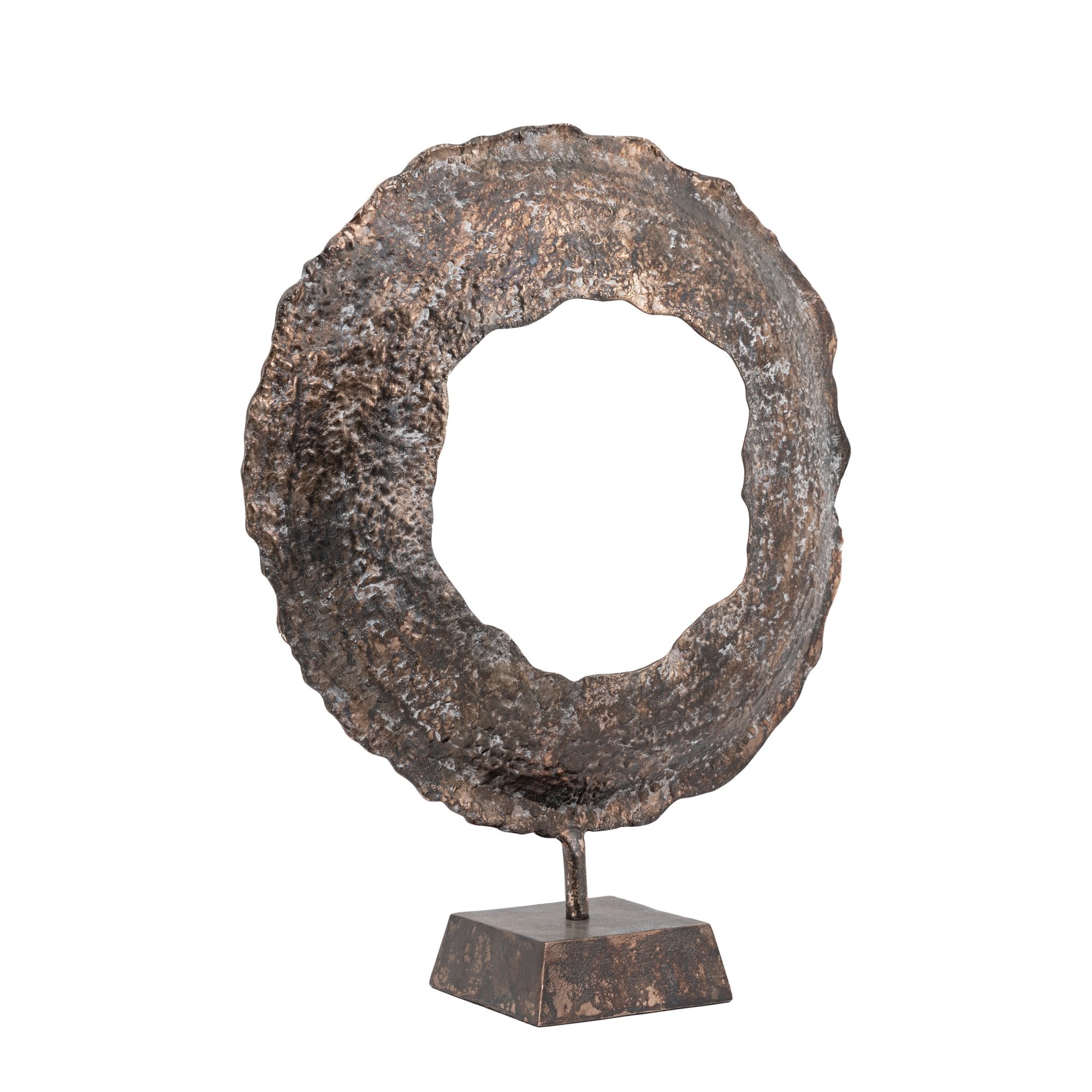 A rustic, bronze-colored metal ring sculpture on a square base, front view.