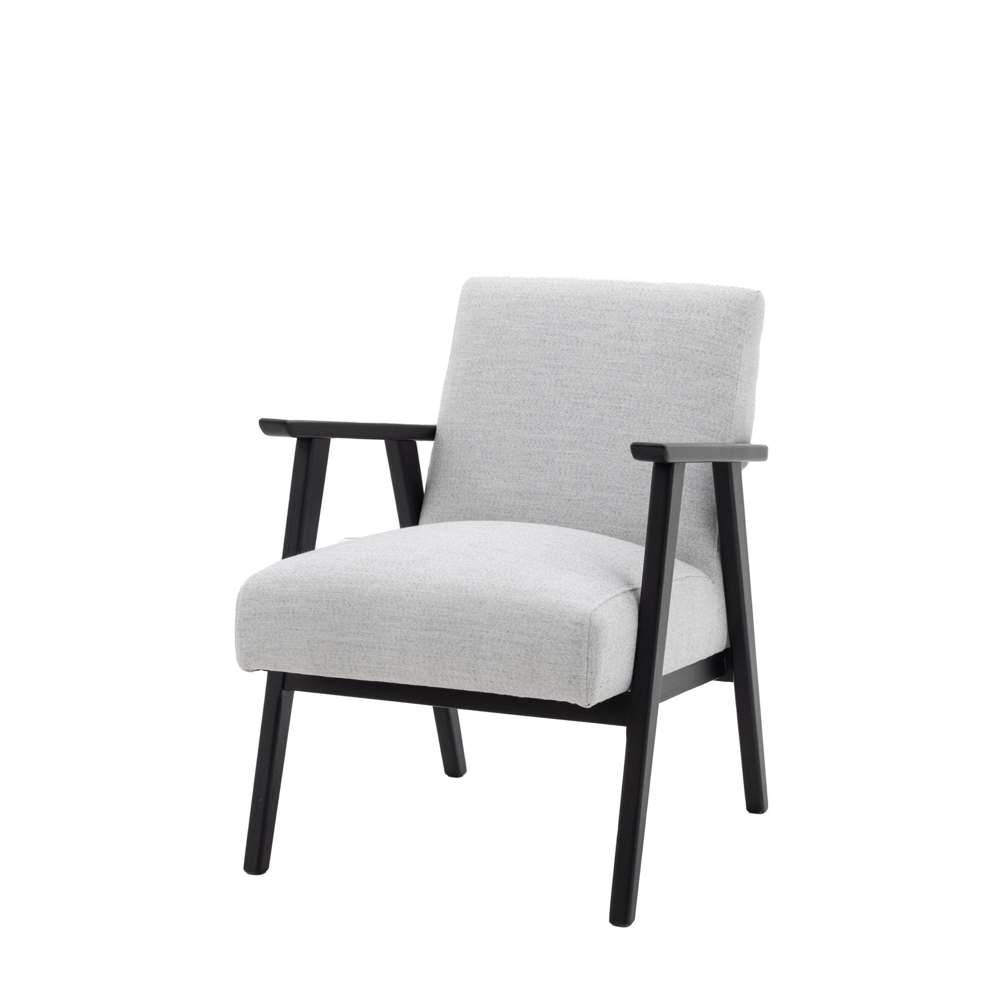 Three-quarter view of a light grey upholstered armchair with a dark wooden frame.