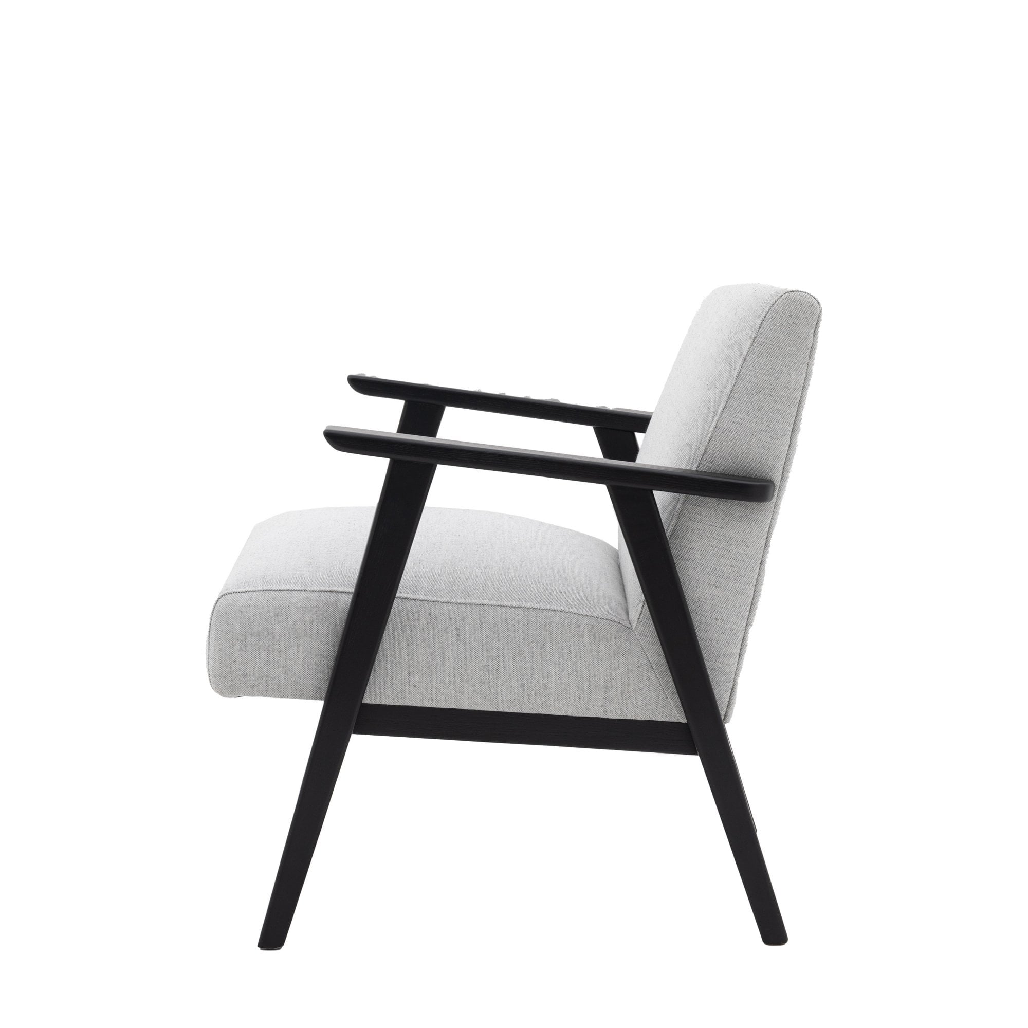 Side profile of a light grey upholstered armchair with a dark wooden frame.