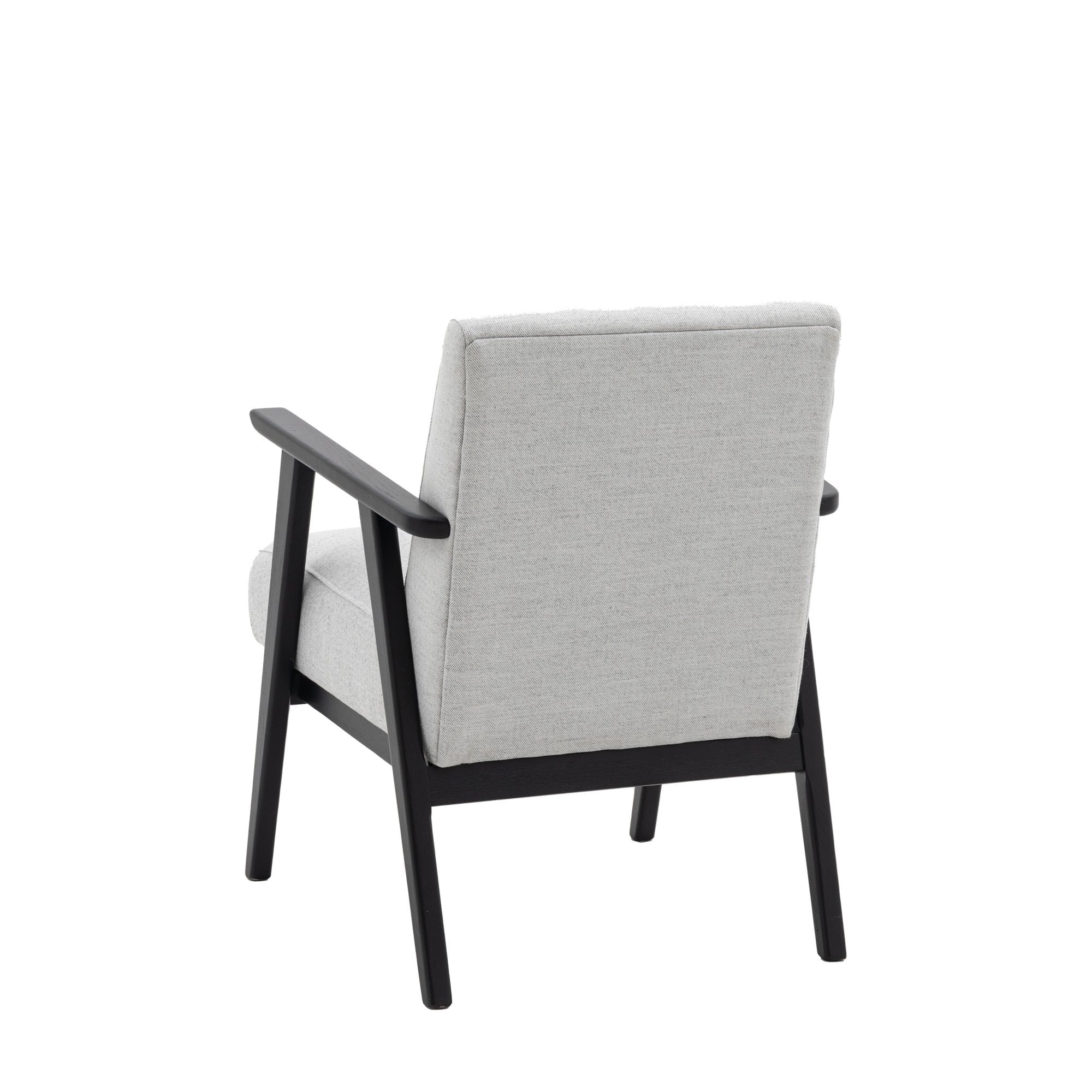 Back view of a light grey upholstered armchair with a dark wooden frame.