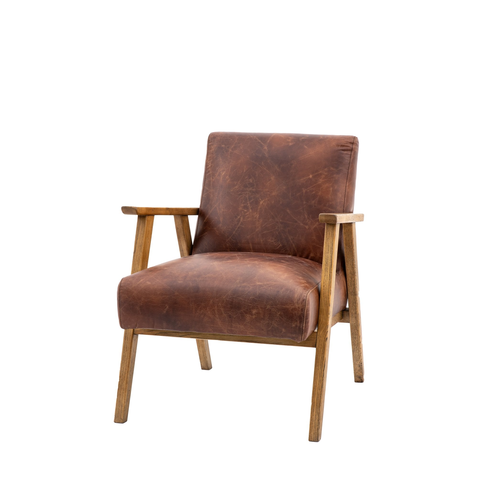 Three-quarter view of a brown leather armchair with a light wooden frame on white.