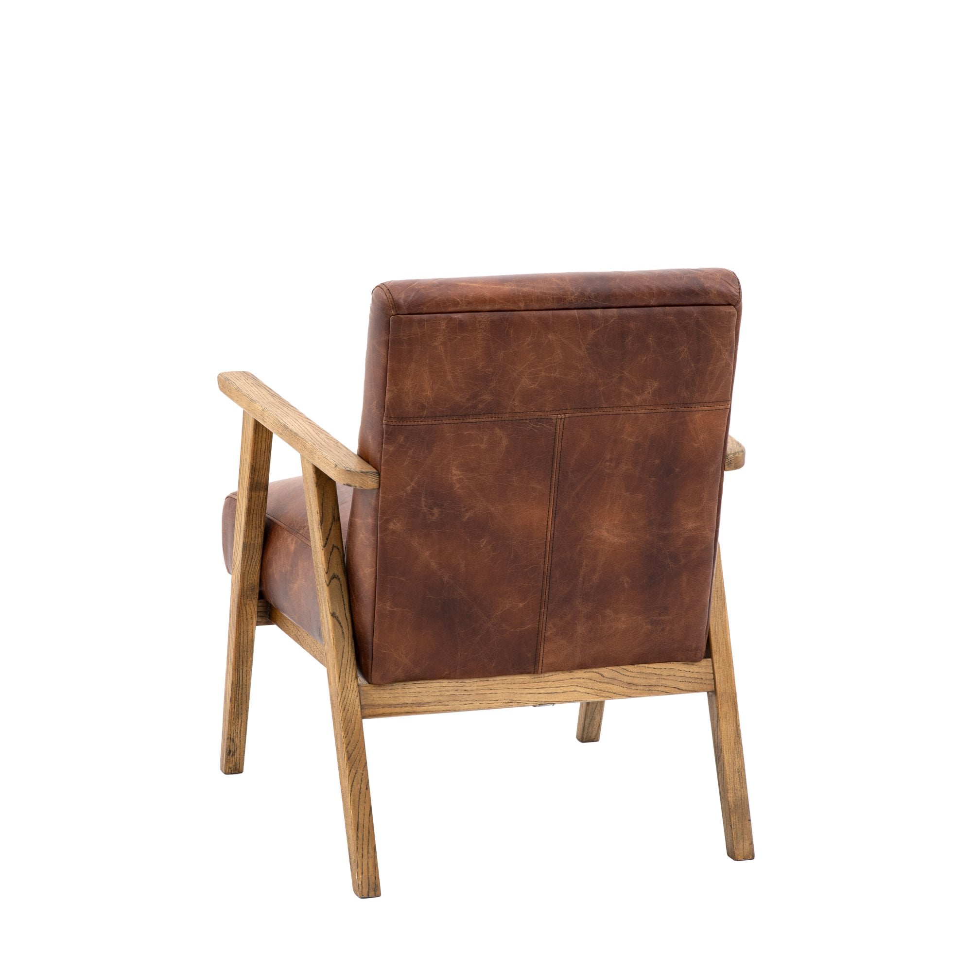 Back view of a brown leather armchair with a light wooden frame on a white background.