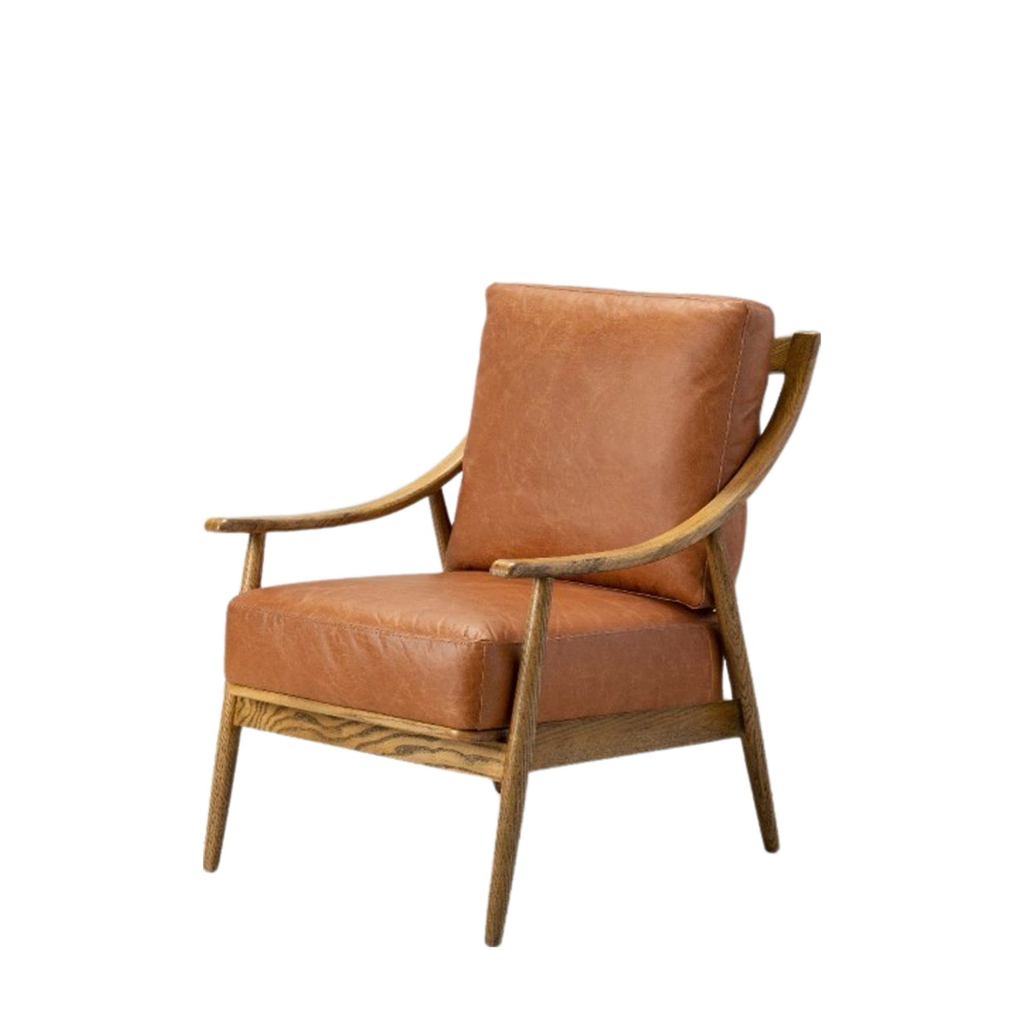 Angled view of a brown leather armchair with a wooden frame on a white background.