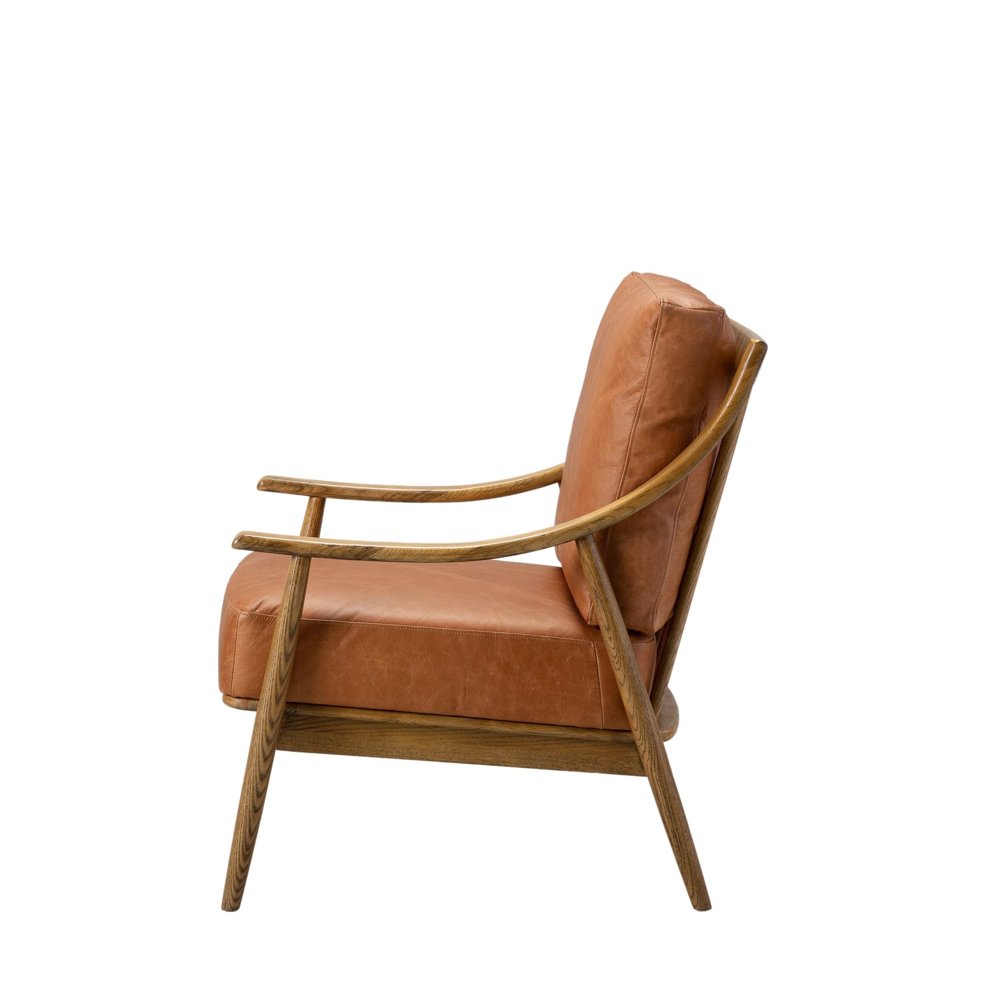 Side profile of a brown leather armchair with a natural wooden frame against white.