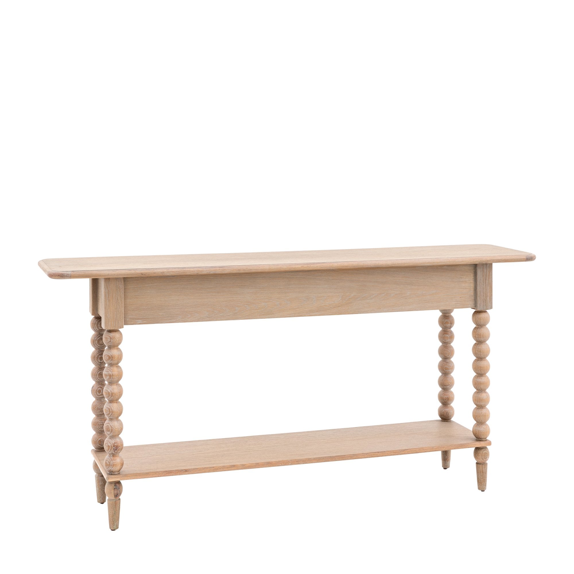 Rear view of a light wood console table with bobbin legs and a bottom shelf.