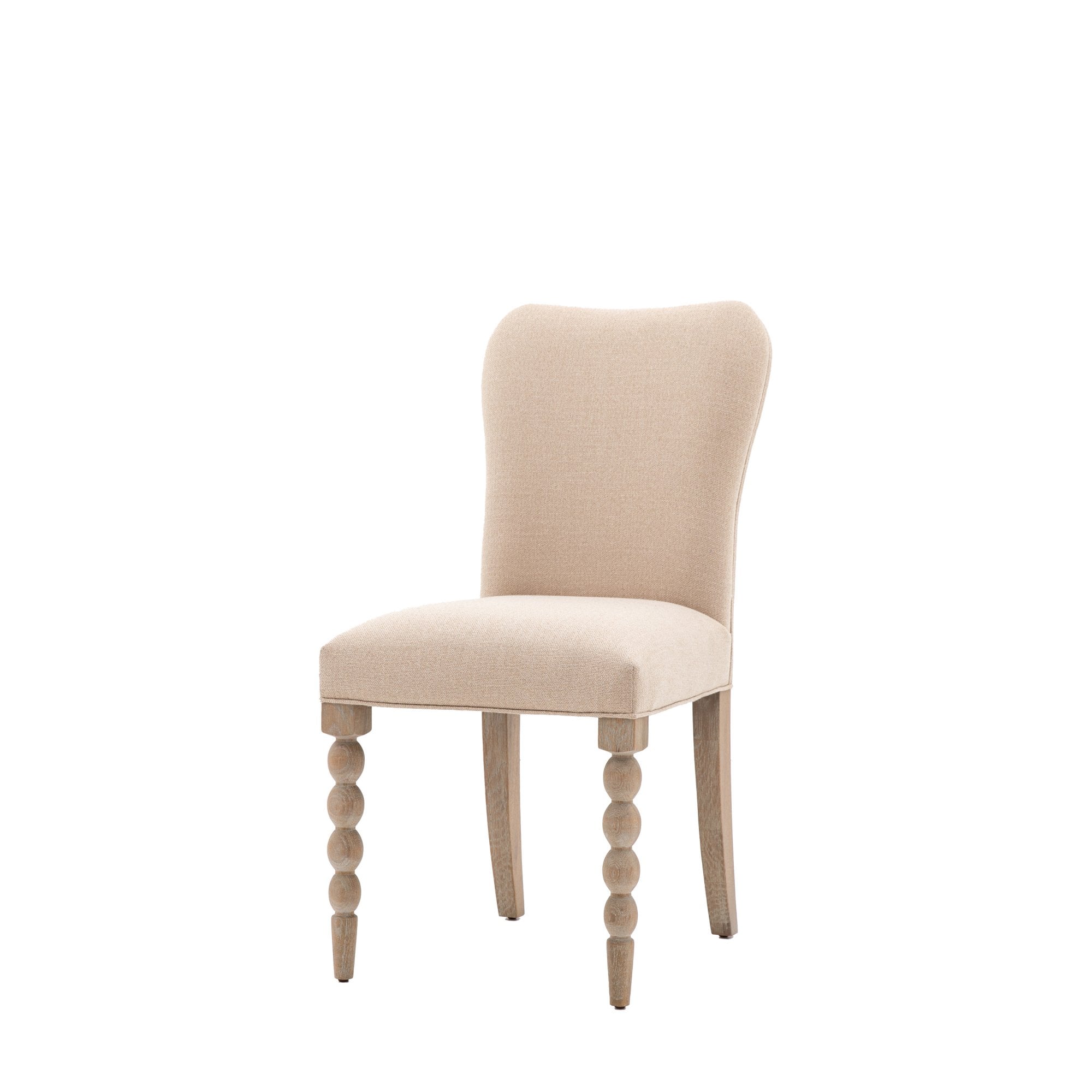 Front view of an upholstered dining chair with rounded front legs.